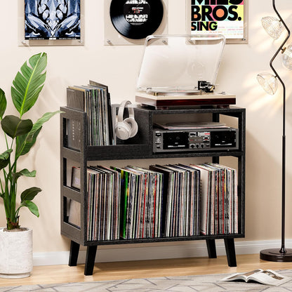 Record Player Stand with Vinyl Storage, Mid-Century Modern Turntable Stand Holds 150+ Albums, Record Player Table with Metal Dividers, Wood Media Console for Living Room (Black, Single-Sided Medium)
