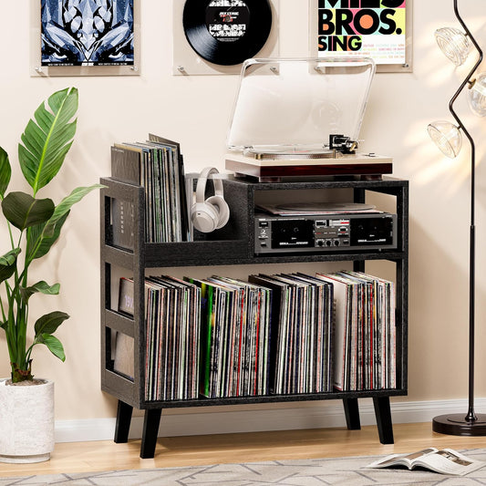 Record Player Stand with Vinyl Storage, Mid-Century Modern Turntable Stand Holds 150+ Albums, Record Player Table with Metal Dividers, Wood Media Console for Living Room (Black, Single-Sided Medium)