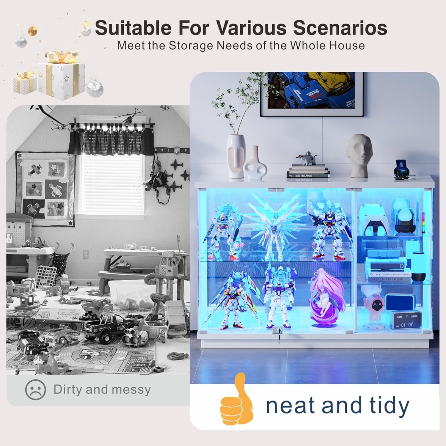 Glass Display Cabinet with Lock & LED Light, High Gloss Sideboard with Human Body Sensor & Glass Shelves for Toys, Books, Collectibles, Liquor, Bookcase for Living Room, Kitchen, Study, White