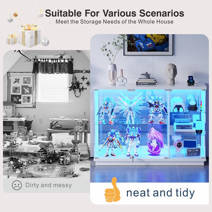 Glass Display Cabinet with Lock & LED Light, High Gloss Sideboard with Human Body Sensor & Glass Shelves for Toys, Books, Collectibles, Liquor, Bookcase for Living Room, Kitchen, Study, White