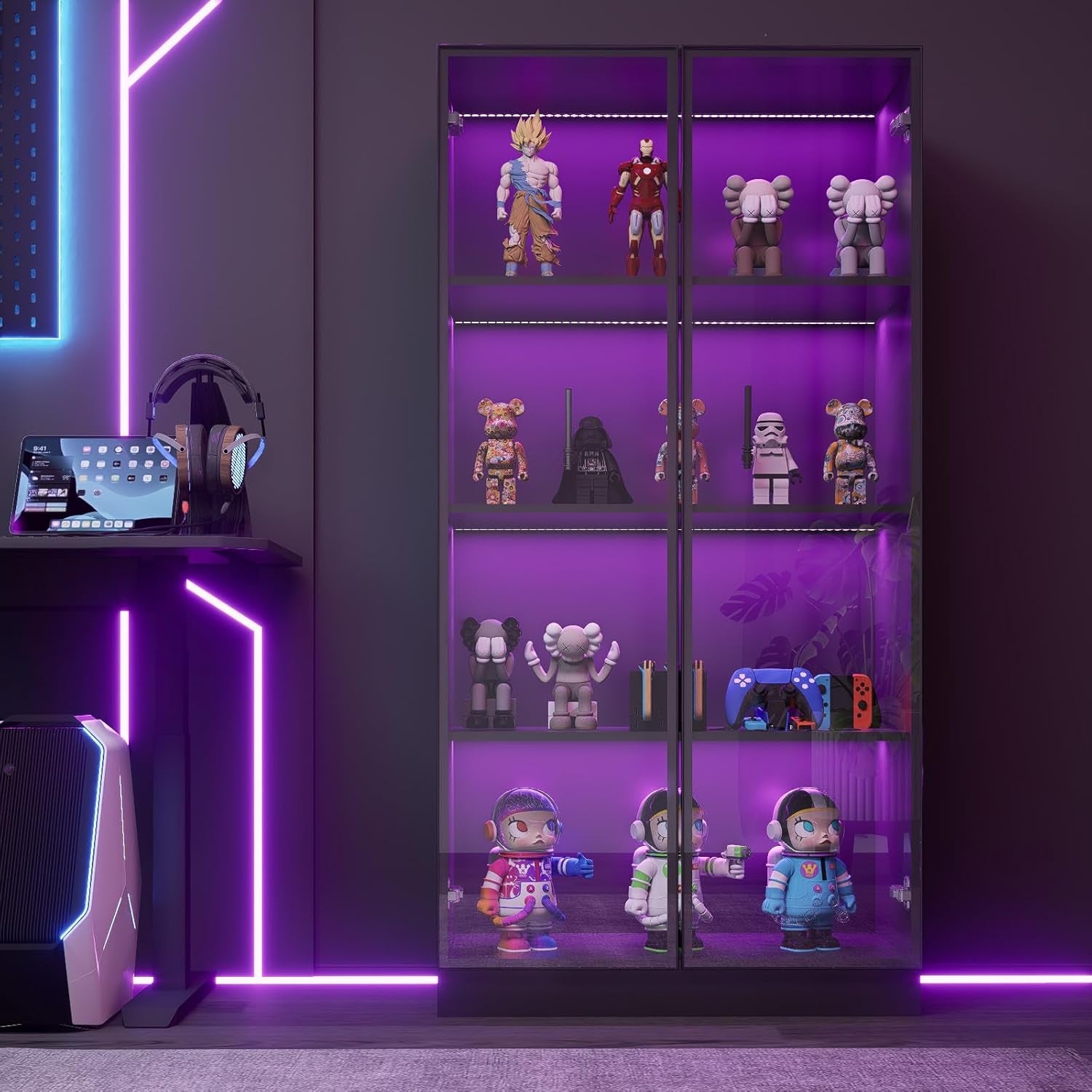 Glass Display Cabinet with LED Lights Set of 2, Display Case Bookcase with 4-Tier Shelves, Curio Cabinet with 2 Glass Doors, Storage Cabinet for Collectibles, Living Room