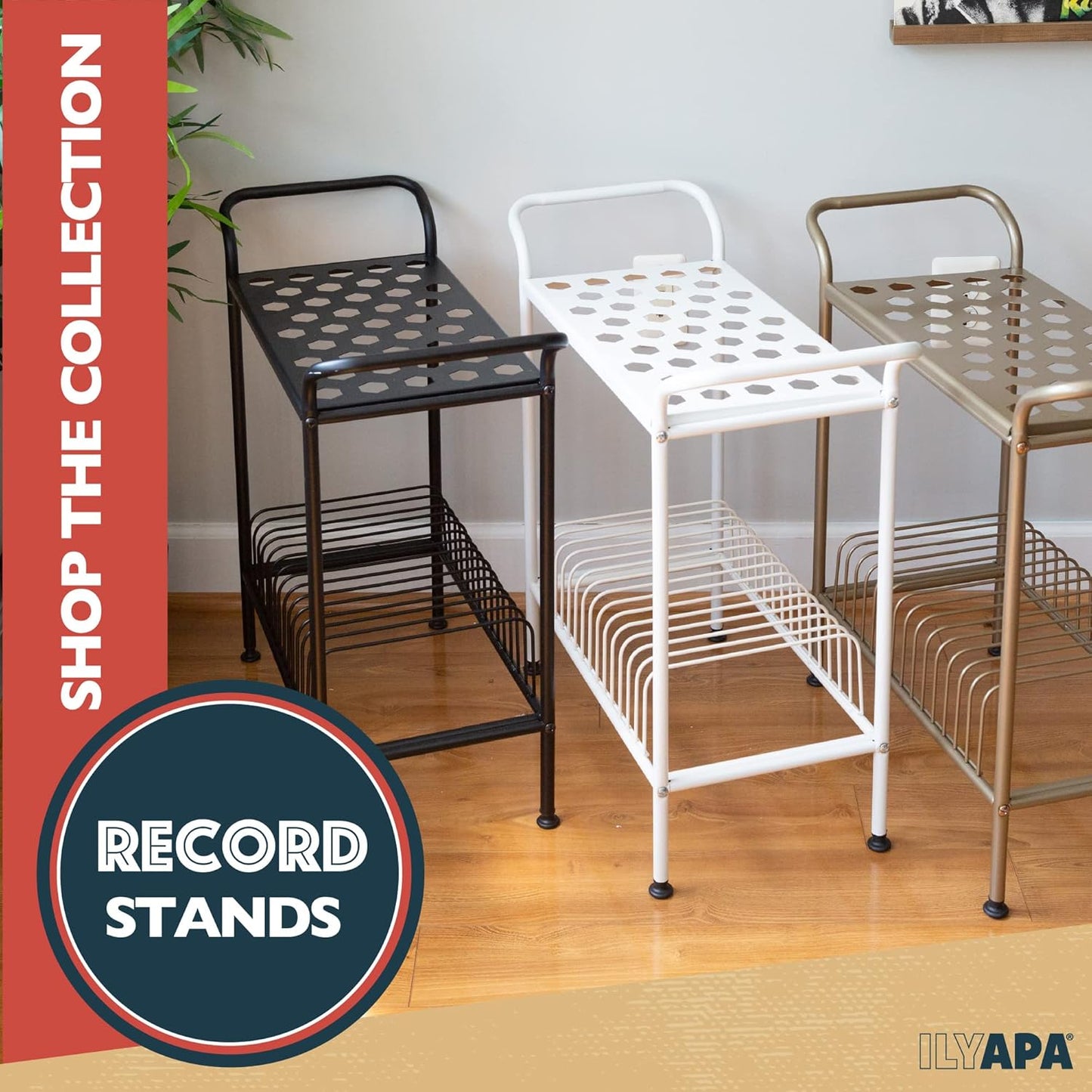 2-Tier Record Player Stand - Gold Metal Vinyl Records Stand with Shelves - Vinyl Player Table with 14 Slots