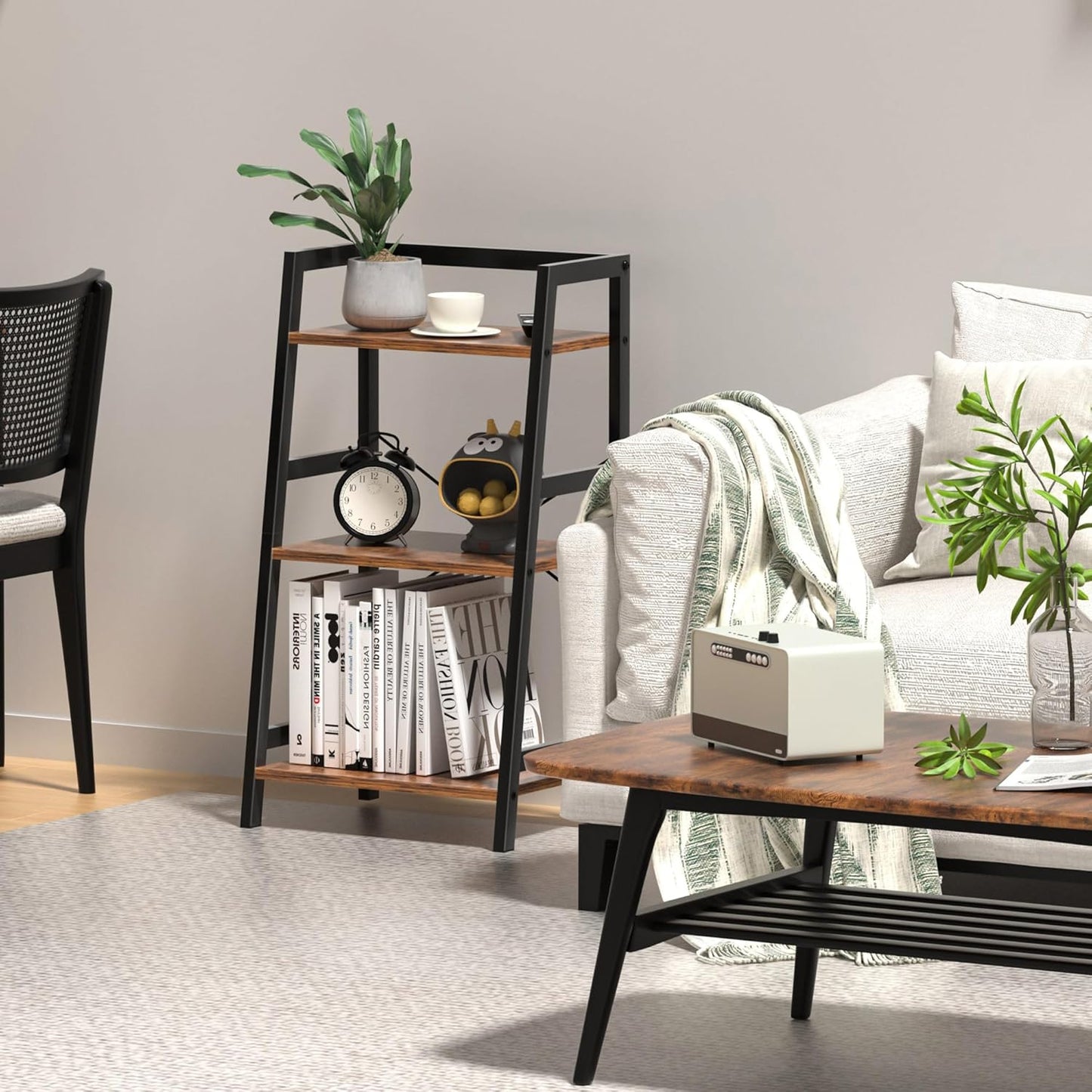 3-Tier Bookshelf, Ladder Shelf for Small Spaces, Industrial Short Bookshelf, Small Bookcase for Living Room, Bedroom, Home Office, Kitchen, 11.8 "D X 16.5" W X 31.3 "H, Rustic Brown