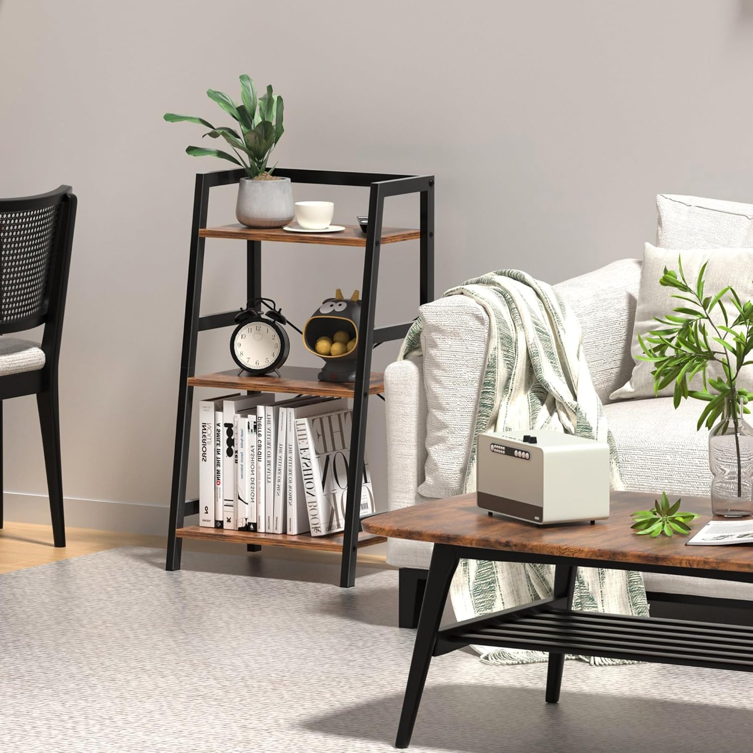 3-Tier Bookshelf, Ladder Shelf for Small Spaces, Industrial Short Bookshelf, Small Bookcase for Living Room, Bedroom, Home Office, Kitchen, 11.8 "D X 16.5" W X 31.3 "H, Rustic Brown