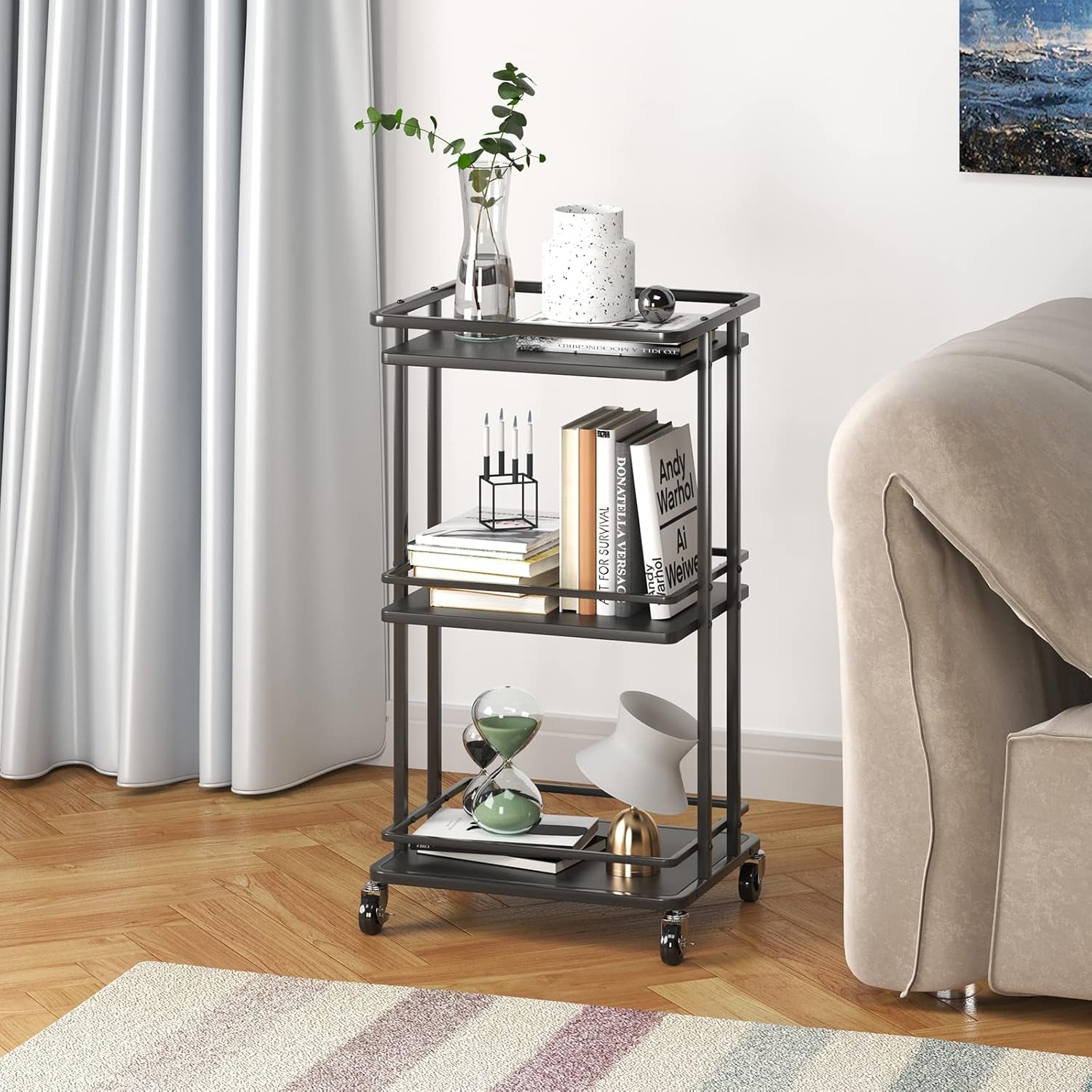 3-Tier Rolling Serving Bar Cart, Wood and Metal Kitchen Island Storage Cart with Wheels, Multifunction Utility Cart Storage Rack for Home, Kitchen, Bar, Dinning Room, Living Room (Black)