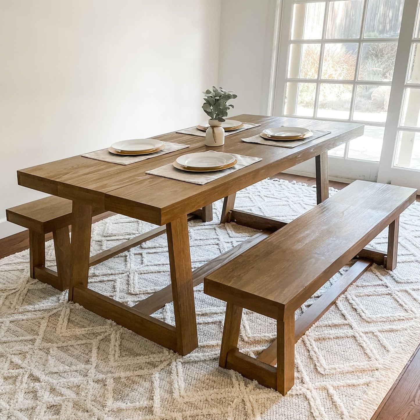 72 Inch Farmhouse Dining Table, Solid Wood Rustic Kitchen Table, Large Wooden Rectangular Dinner Table for Dining Room, Home Office, Living Room Furniture, Easy Assembly, Pecan Wirebrush