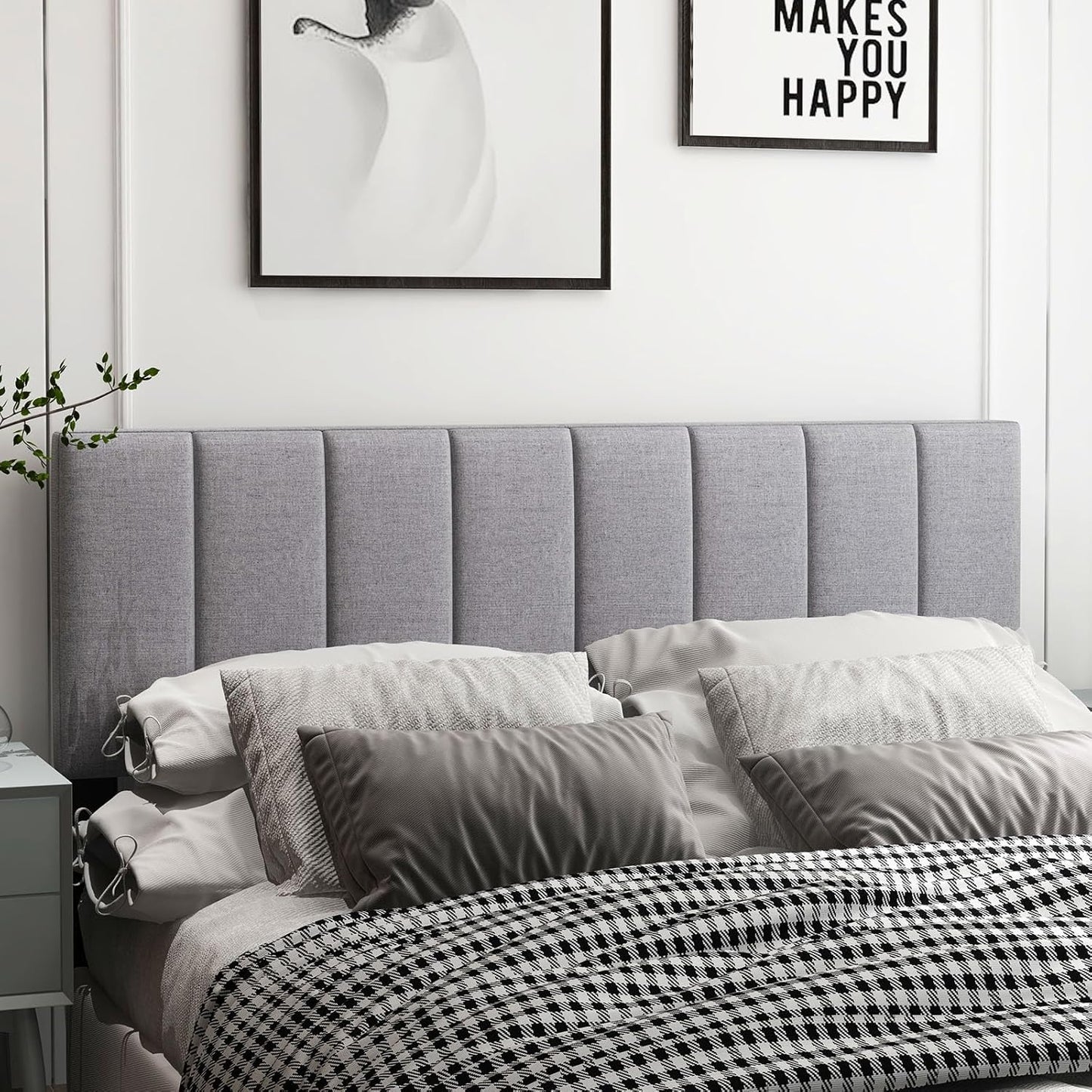 Linen Upholstered Headboard for Full & Queen Size Bed, Vertical Channel Tufted Rectangular Headboard with Solid Wood Legs & Adjustable Width, Padded Bed Backboard, Easy Assembly (Gray)