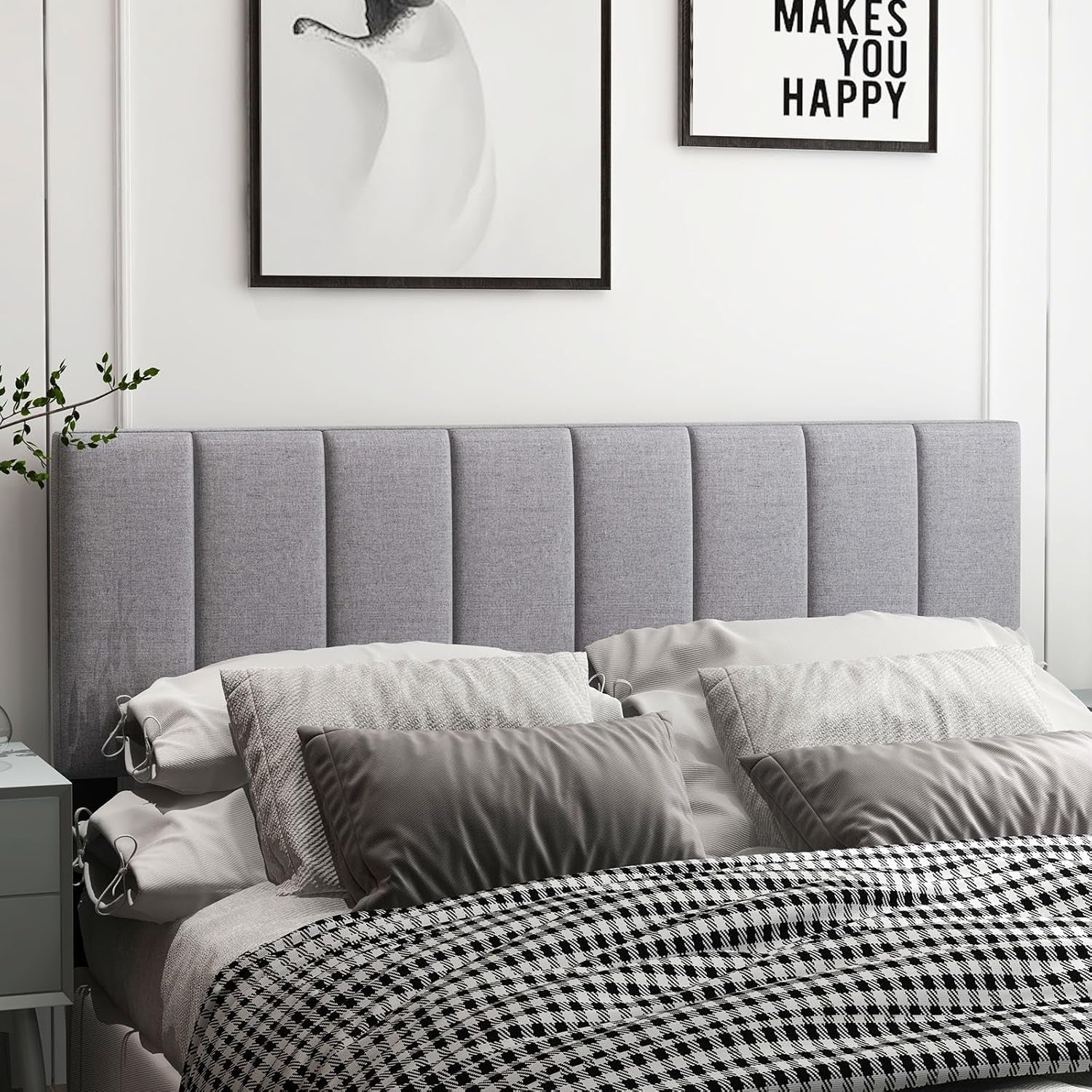 Linen Upholstered Headboard for Full & Queen Size Bed, Vertical Channel Tufted Rectangular Headboard with Solid Wood Legs & Adjustable Width, Padded Bed Backboard, Easy Assembly (Gray)