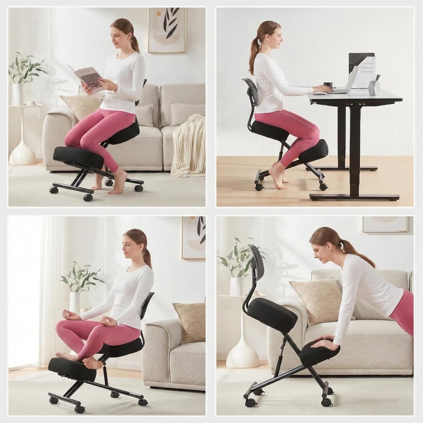 Kneeling Chairs with Backrest Linen Ergonomic Home Office Chair Adjustable Height Seat Rolling Wheels Comfort Thick Cushion Work Stool Improve Posture Chair