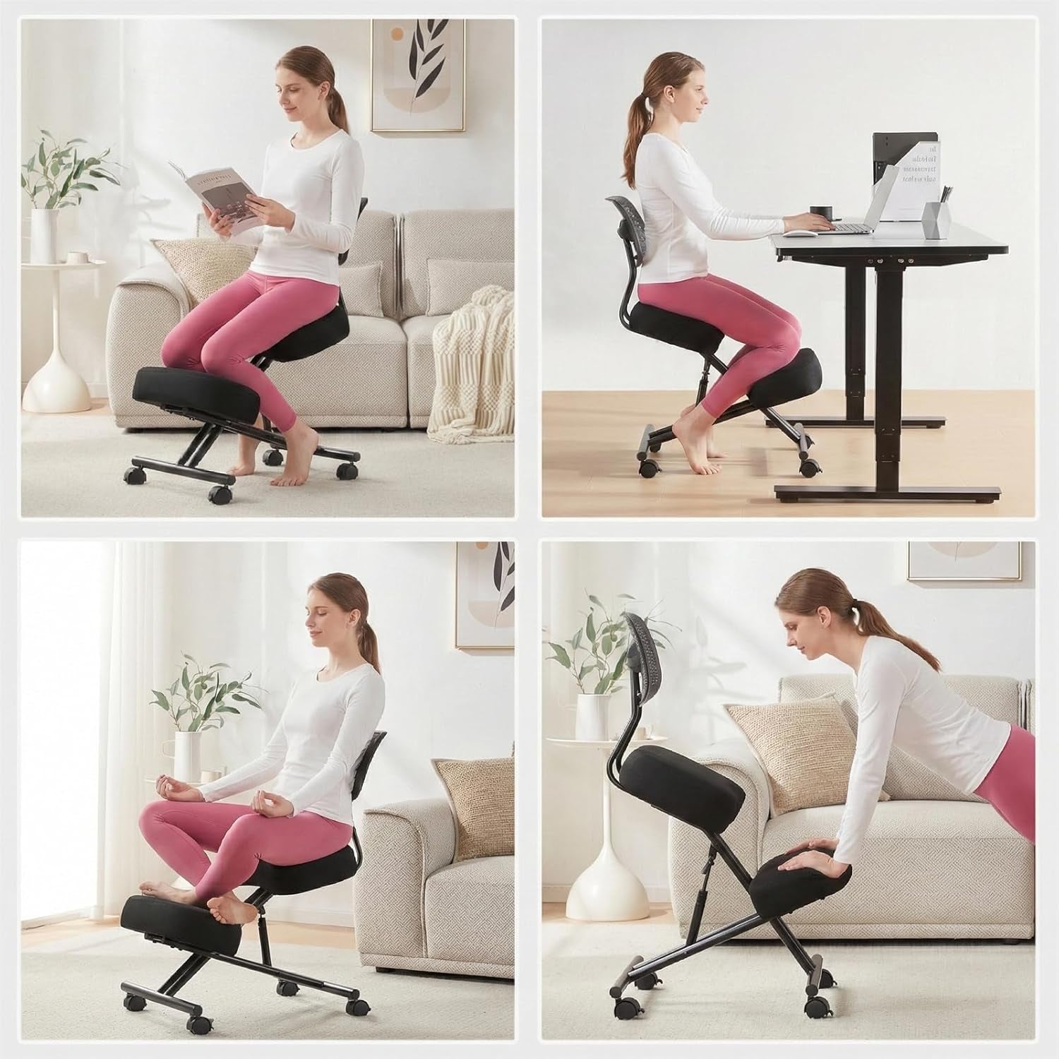 Kneeling Chairs with Backrest Linen Ergonomic Home Office Chair Adjustable Height Seat Rolling Wheels Comfort Thick Cushion Work Stool Improve Posture Chair