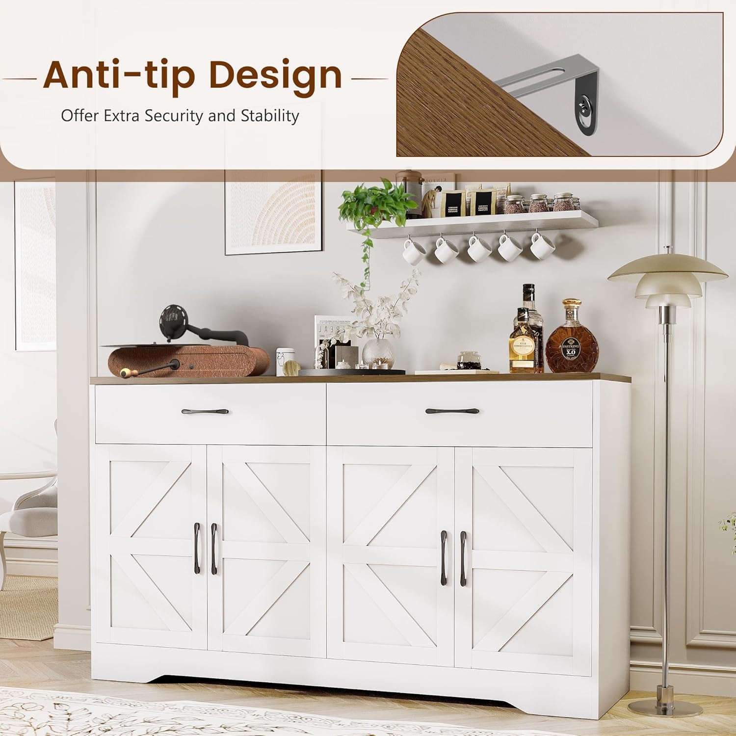 55" Sideboard Buffet Cabinet with Storage, Large Kitchen Storage Sideboard with Drawers & Doors, Modern Wood Farmhouse Coffee Bar Cabinet, Buffet Table for Kitchen, Dining Room, Living Room, White