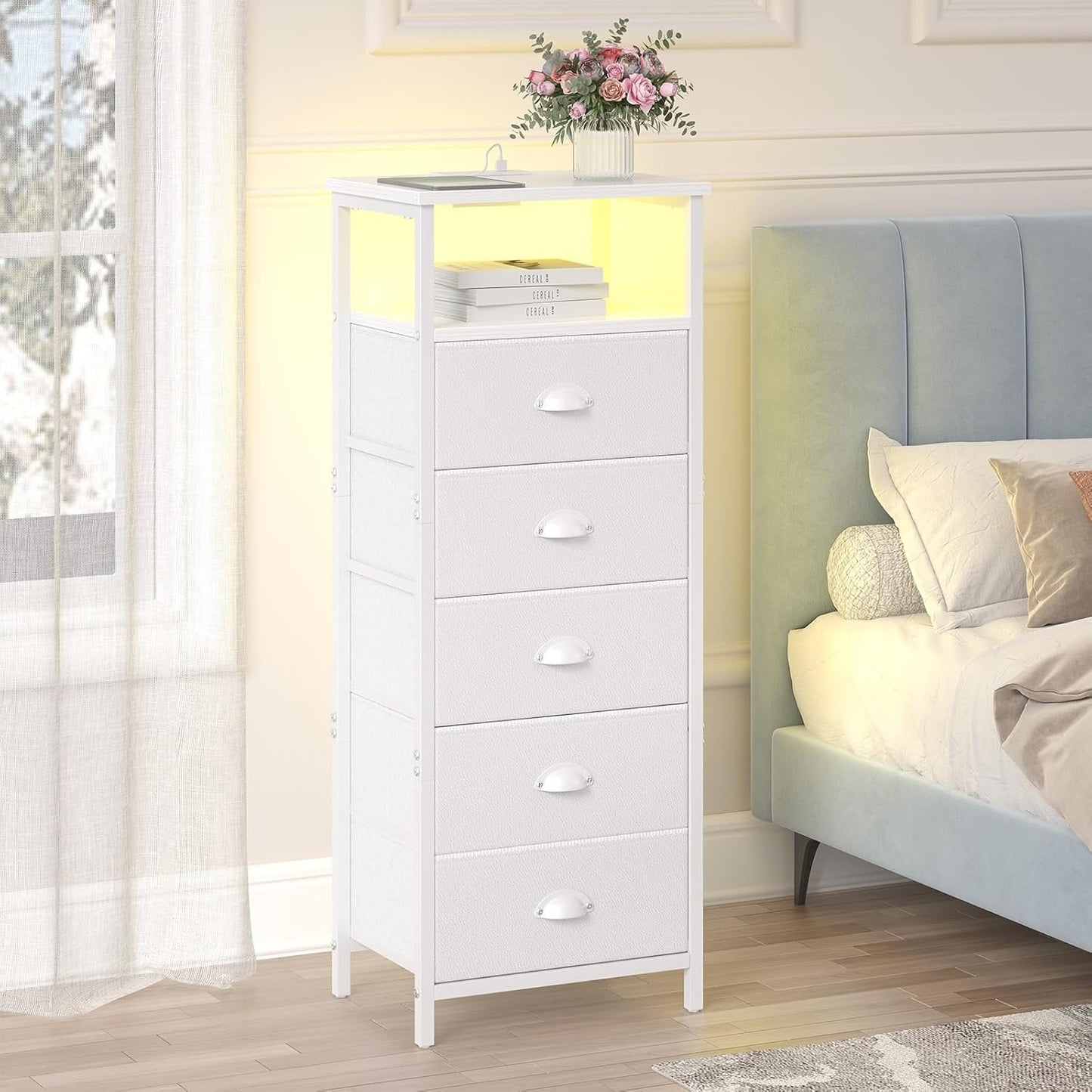Nightstand with Charging Station,Led White Nightstands with 5 Fabric Drawers PU Finish, Bedside End Tables, 2-Tier Open Storage Shelf Side Table Nightstand with Drawers for Bedroom,White