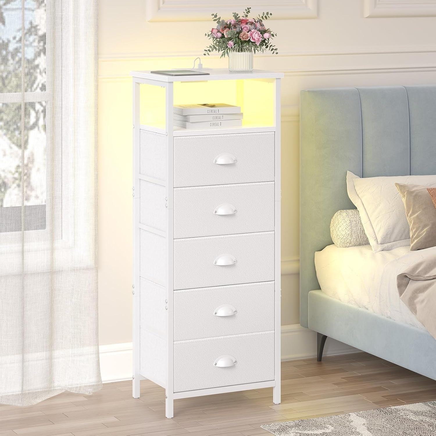 Nightstand with Charging Station,Led White Nightstands with 5 Fabric Drawers PU Finish, Bedside End Tables, 2-Tier Open Storage Shelf Side Table Nightstand with Drawers for Bedroom,White