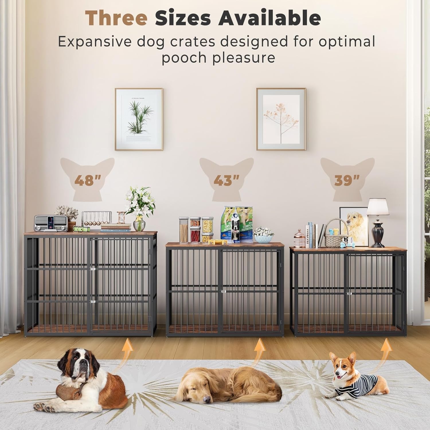 43'' Dog Crate Furniture with 3 Doors, XL Wooden Crate End Table Heavy Duty Indoor Puppy Cage for Medium to Large Dogs, Multiple Units Can Be Combined