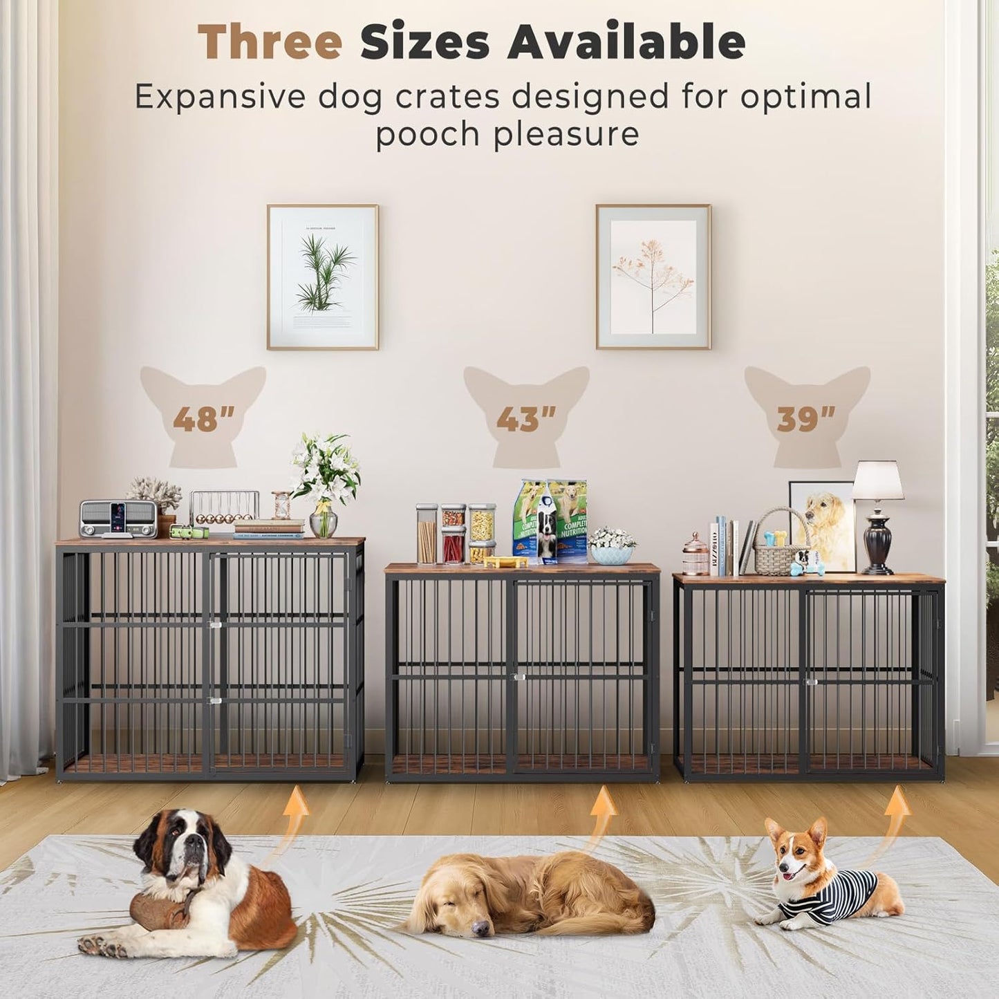48'' XXL Dog Crate Furniture with 3 Doors, Wooden Crate End Table Heavy Duty Indoor Combination Cage for Medium to Large Dogs, Multiple Units Can Be Combined, Grey