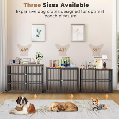 43'' Dog Crate Furniture with 3 Doors, XL Wooden Crate End Table, Heavy Duty Indoor Puppy Cage Kennel for Medium to Large Dogs, Multiple Units Can Be Combined