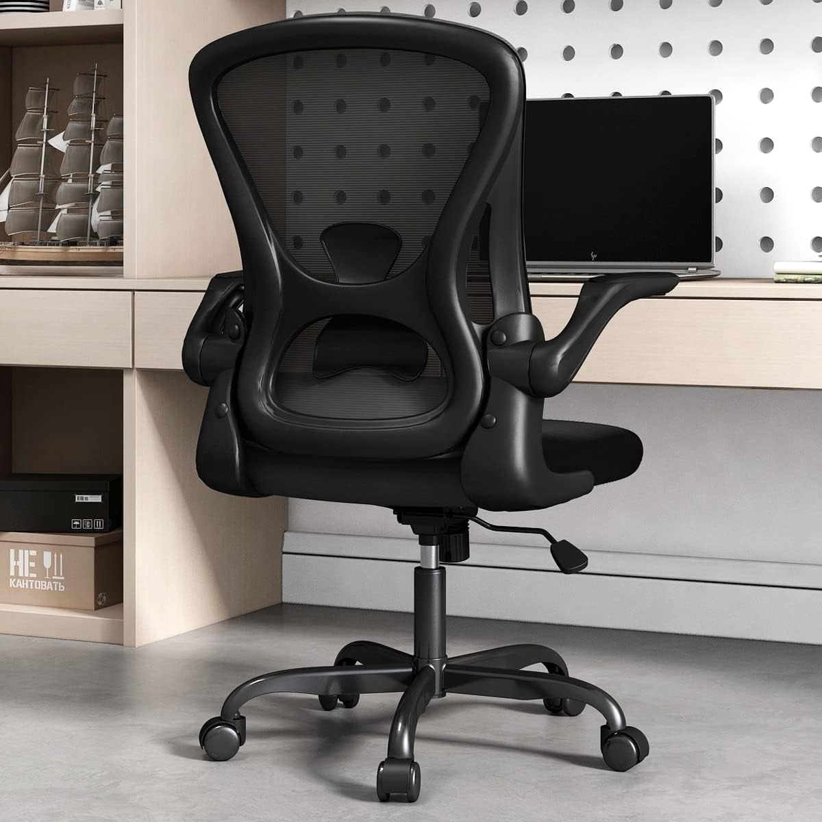 Ergonomic Desk Chair with Padded Flip up Arms and Supportive Lumbar Support, Breathable Mesh Home Office Chair with Comfortable Cushion for Home or Office(Black)