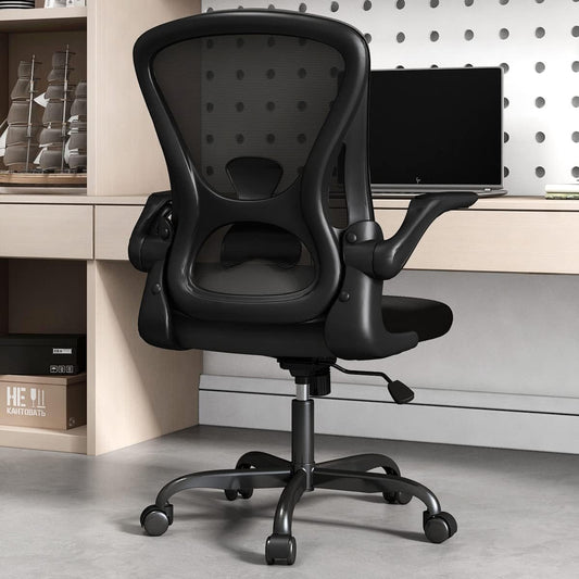 Ergonomic Desk Chair with Padded Flip up Arms and Supportive Lumbar Support, Breathable Mesh Home Office Chair with Comfortable Cushion for Home or Office(Black)