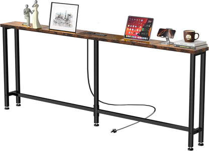 78" Sofa Table with Built-In Power Strip (2 AC Outlets & 2 USB Ports) – 4.9Ft Power Cord, Metal Frame, Easy Assembly, Long Couch Table behind Sofa, Living Room and Home Office | Rustic Brown