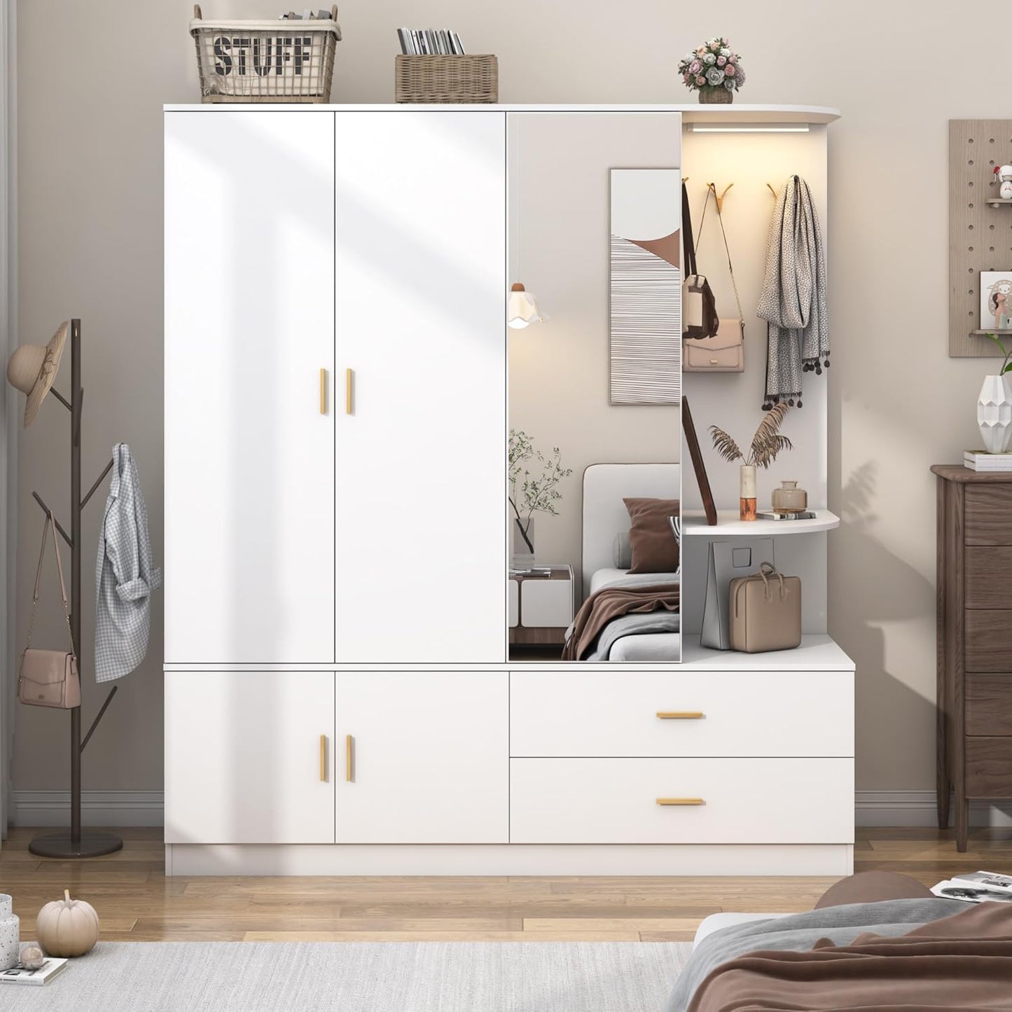 Armoire Wardrobe Closet with Mirror & Sensor Light, Bedroom Armoire with 5 Doors & 2 Drawers, Modern Wooden Large Wardrobe Closet with Shelves, 4 Hooks, 2 Hanging Roods, Open Space, White