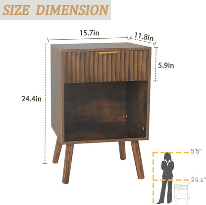 Mid Century Modern Nightstand, Wood Bedside Table with Drawer and Opening Storage, End Table Living Room Fluted Night Stand with Solid Wood Legs for Bedroom (Rustic Brown) | Drawer, Opening Storage, End Table, Living Room, Fluted, Night Stand