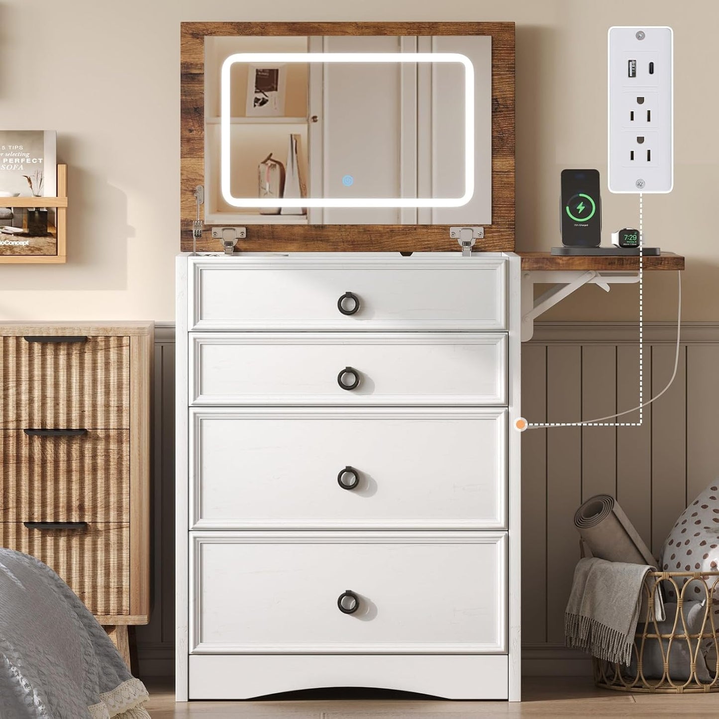 Makeup Vanity Desk with Mirror and Lights, Compact Vanity with Hidden Chair & Charging Station, 3 in 1 Space-Saving Vanity Table for Girls, Small Bedroom & Apartments, White & Barnwood