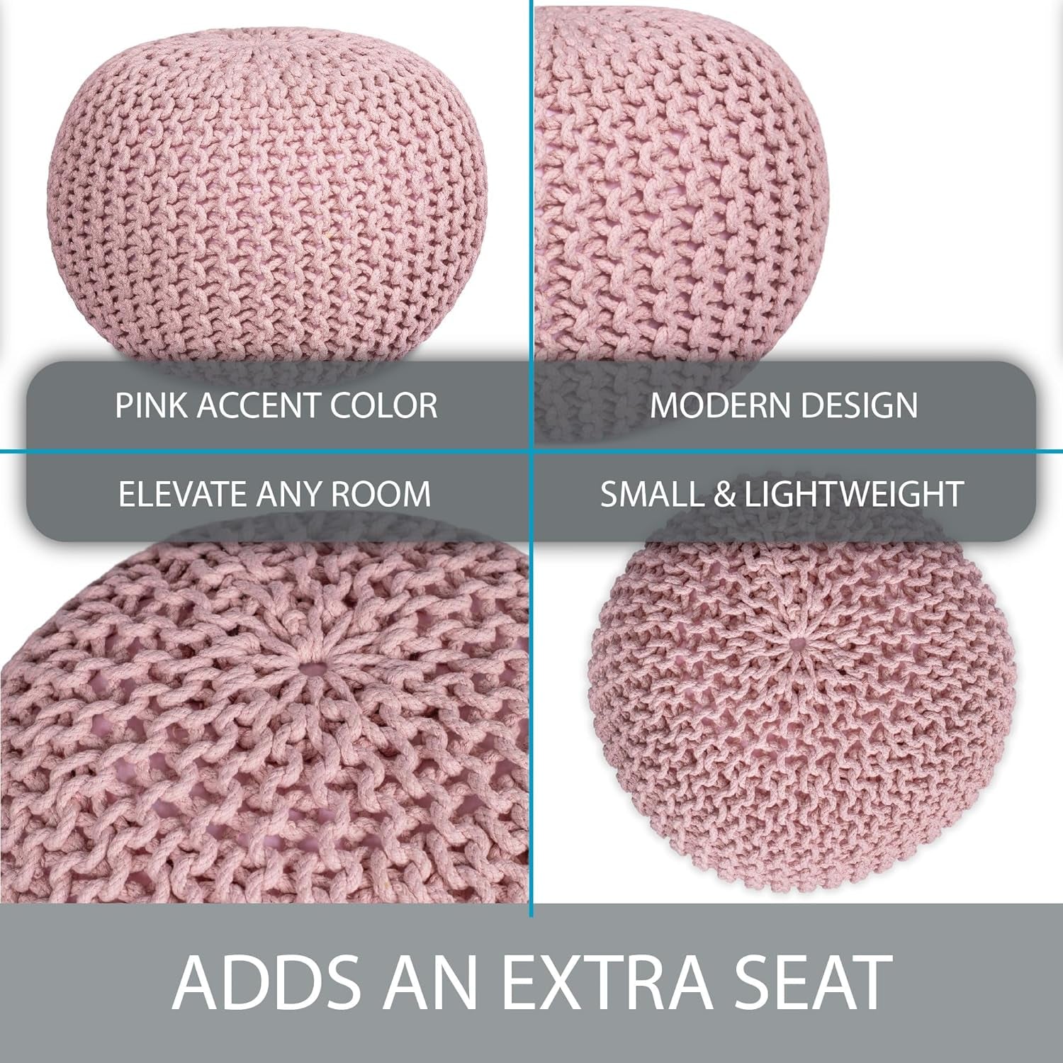 round Pouf Ottoman | Cotton Braided Foot Stool with Bean Bag Filling | Boho Foot Rest for Living Room & Bedroom | Compact & Comfortable Seating, Lightweight & Soft | Dusty Rose