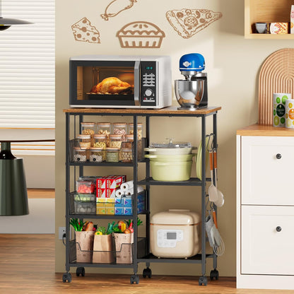 Rolling Kitchen Storage Microwave Cart, Kitchen Island with Adjustable Shelf on Lockable Wheels, Countertop 27.75"L × 15.35"W, Bakers Rack with Tilt-Out Baskets, for Kitchen, Coffee Bar, Living Room
