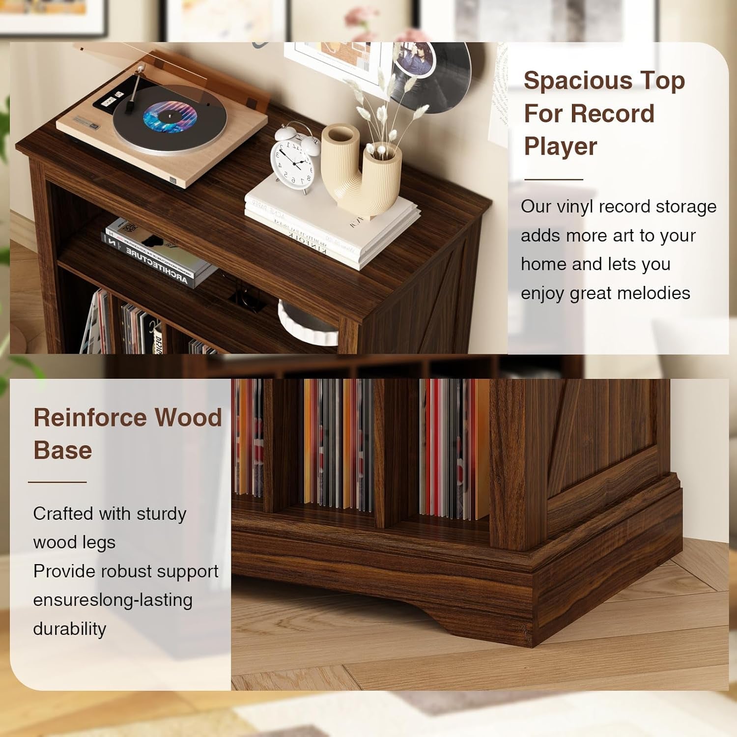 Large Farmhouse Record Player Stand, Turntable Stand with Vinyl Storage, Wood Record Holder Storage Cabinet Dispaly Shelf for Living Room, Bedroom, Office, Brown
