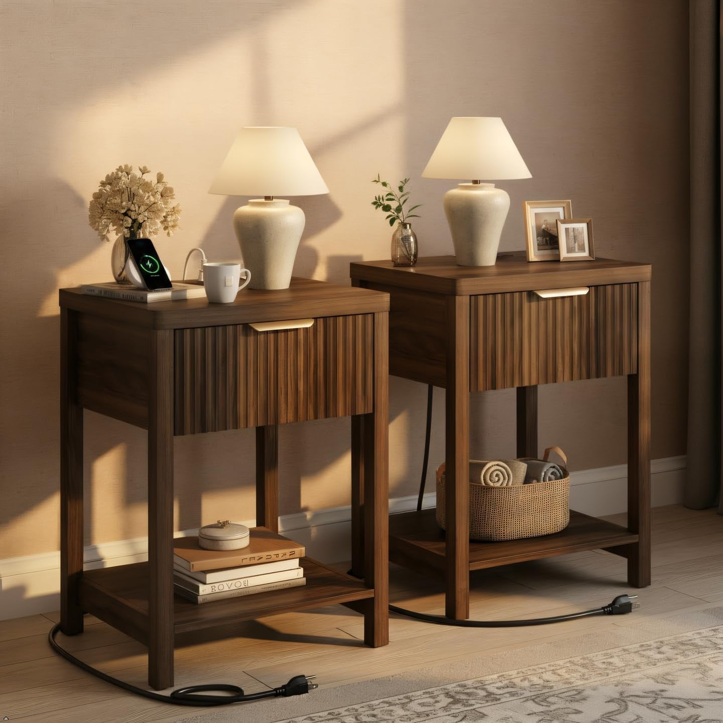 Night Stand Set 2, Fluted Nightstand with Charging Station, Wood Modern Bedside End Table with Storage Drawer for Bedroom, save Space (Set of 2, Walnut)