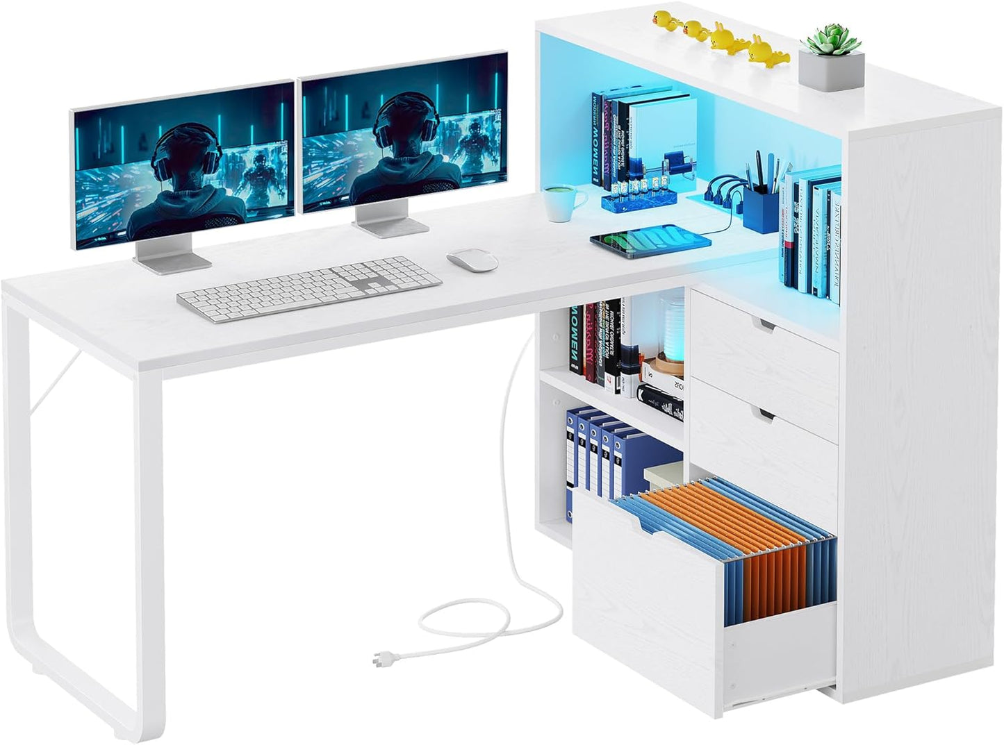 L Shaped Desk with Power Outlets, 55" Computer Desk with Drawers & Bookshelf, Home Office Desk with LED Lights, Corner Desk with File Cabinet, White
