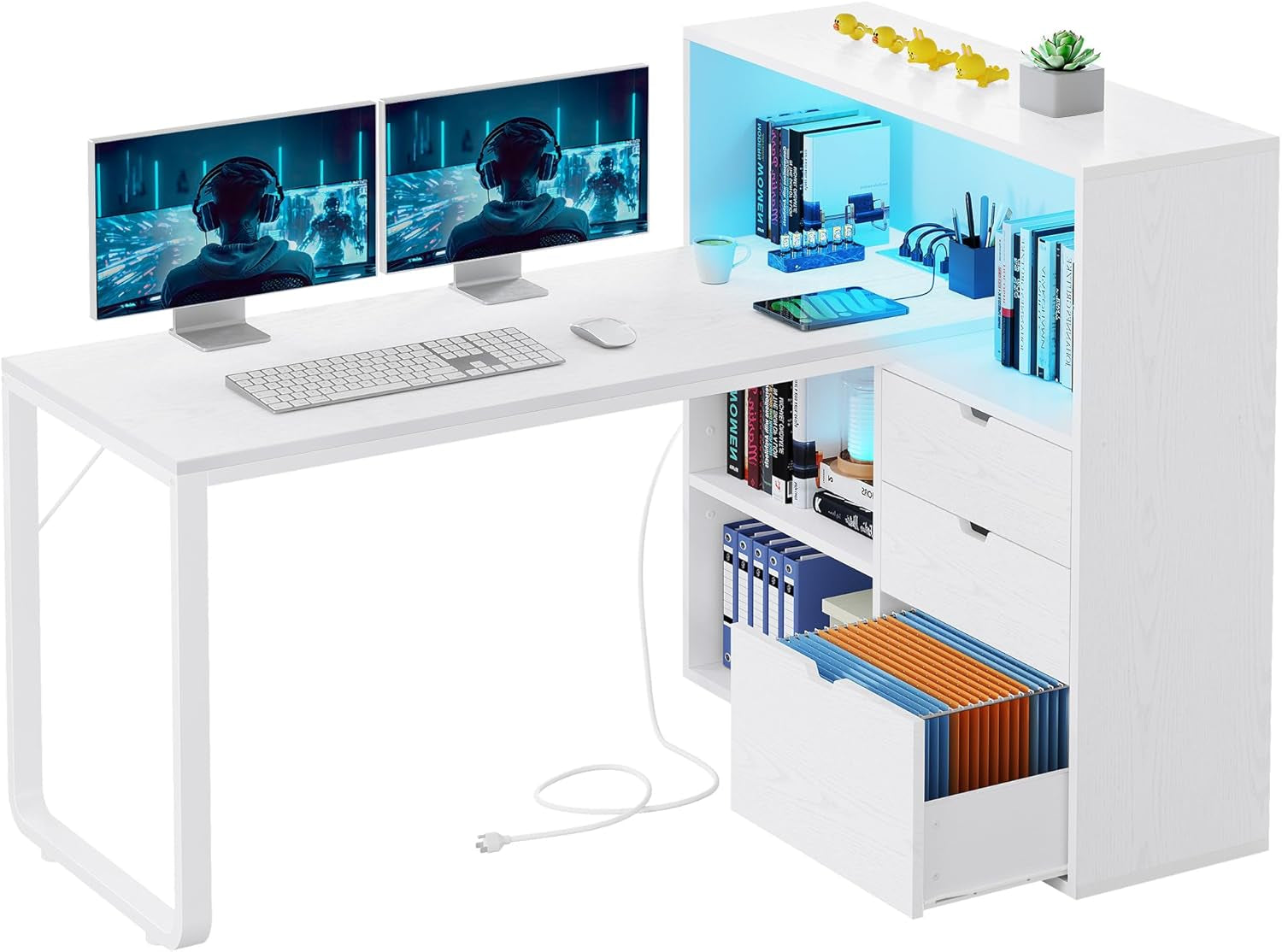 L Shaped Desk with Power Outlets, 55" Computer Desk with Drawers & Bookshelf, Home Office Desk with LED Lights, Corner Desk with File Cabinet, White