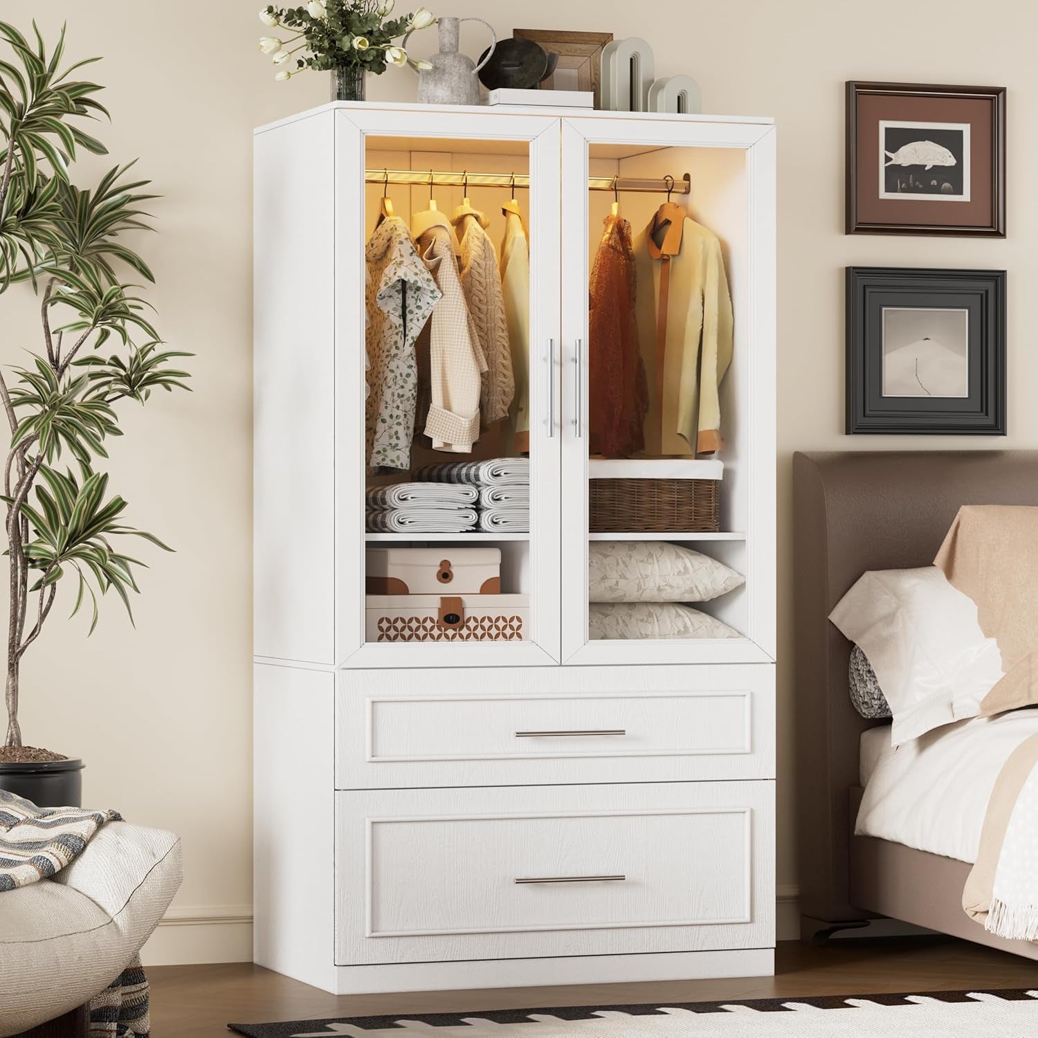 Armoire Wardrobe Closet with Glass Door and Drawers, Bedroom Closet Wardrobe Cabinet with Hanging Rod, Lighted Freestanding Armoire Storage Cabinet for Bedroom Cloakroom White