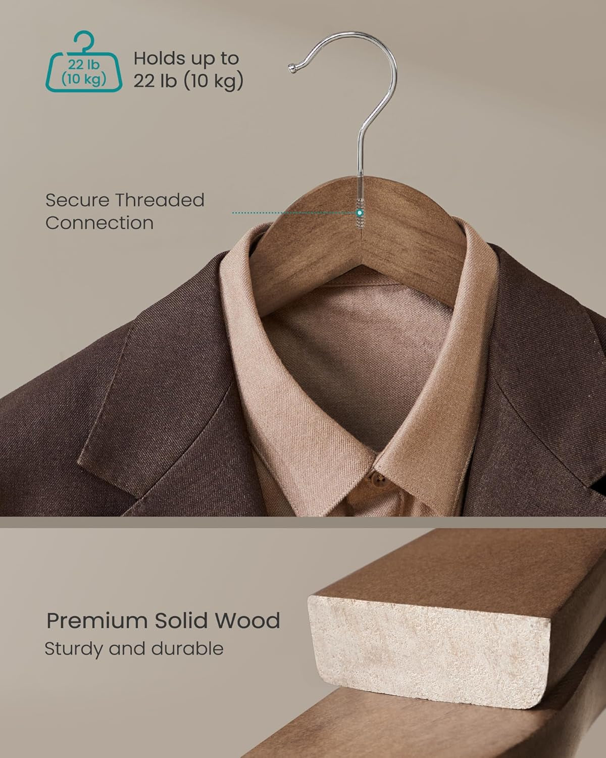 Extra Wide Wooden Suit Hangers, Set of 10 Clothes Hangers, Swivel Hooks, Non-Slip Bars, for Outfits, Suits, Coats, Shirts, Dresses, Walnut Color UCRW050KZ01