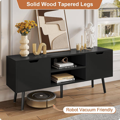 Black TV Stand for 50 55 60+ Inch Tvs - Media Console with 2 Cabinets & Open Shelves, Solid Wood Legs - TV Consoles for Living Room - 22" H Entertainment Center for Bedroom