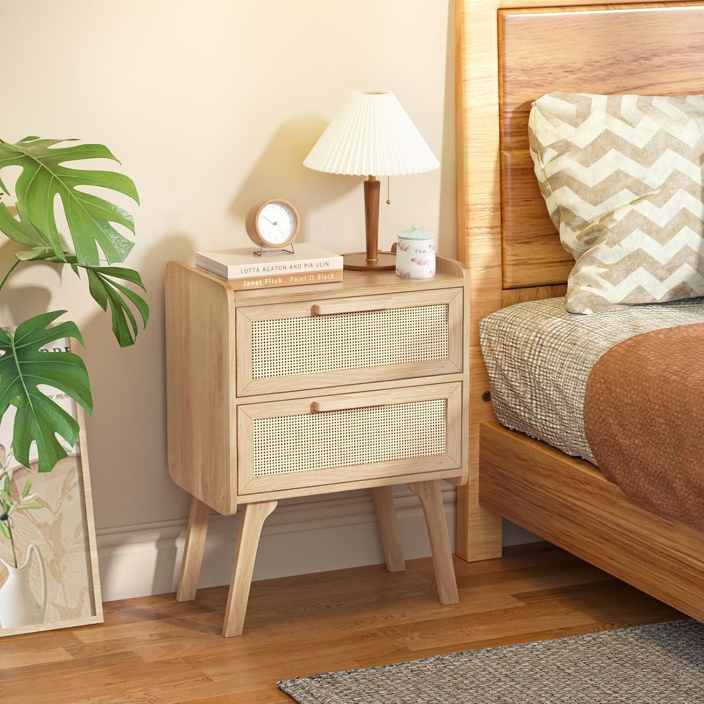 Rattan Nightstands Set of 2, Boho Night Stand with 2 Drawers, Cane Accent Side End Table, Bedside Table with Solid Wood Legs for Bedroom, Dorm and Small Spaces (Natural)