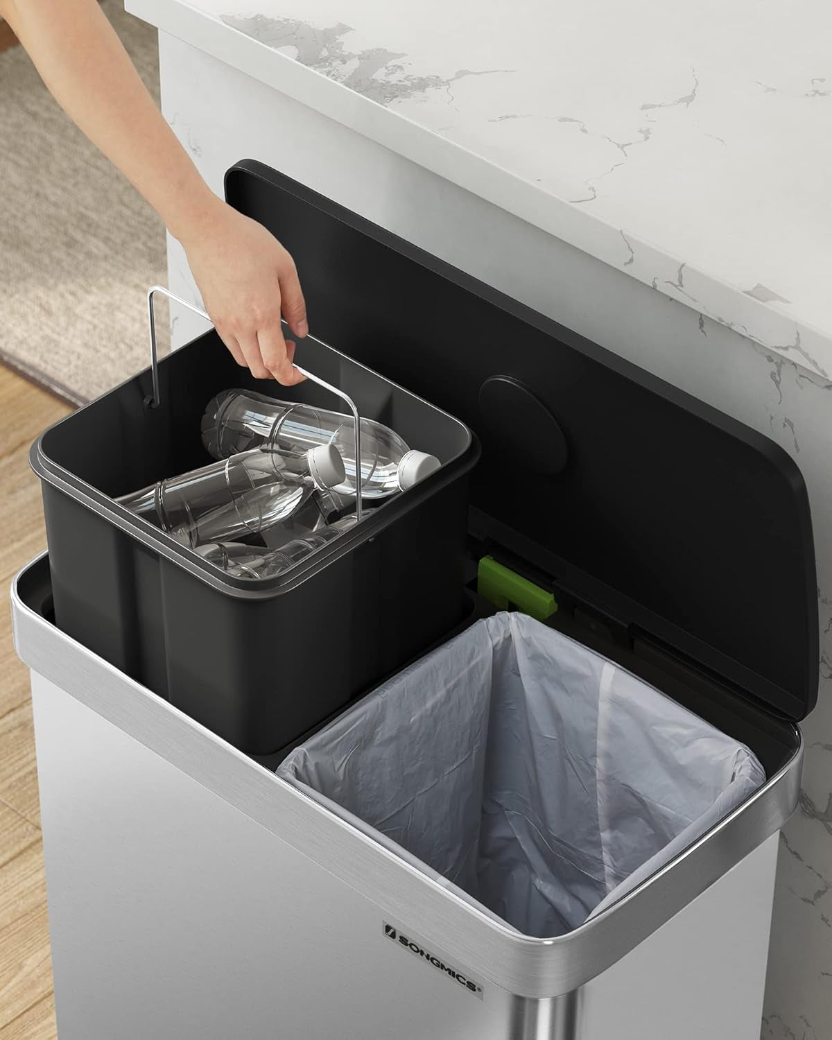 Kitchen Trash Can, 16 Gallon (2 X 8 Gallon) Dual Compartment Garbage Can, 60L Pedal Recycling Bin, Stays Open and Soft Close, Stainless Steel, 15 Bags Included, Metallic Silver ULTB202E01