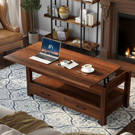 Coffee Table, Lift Top Coffee Table with Drawers and Hidden Compartment, Retro Central Table with Wooden Lift Tabletop, for Living Room,Espresso