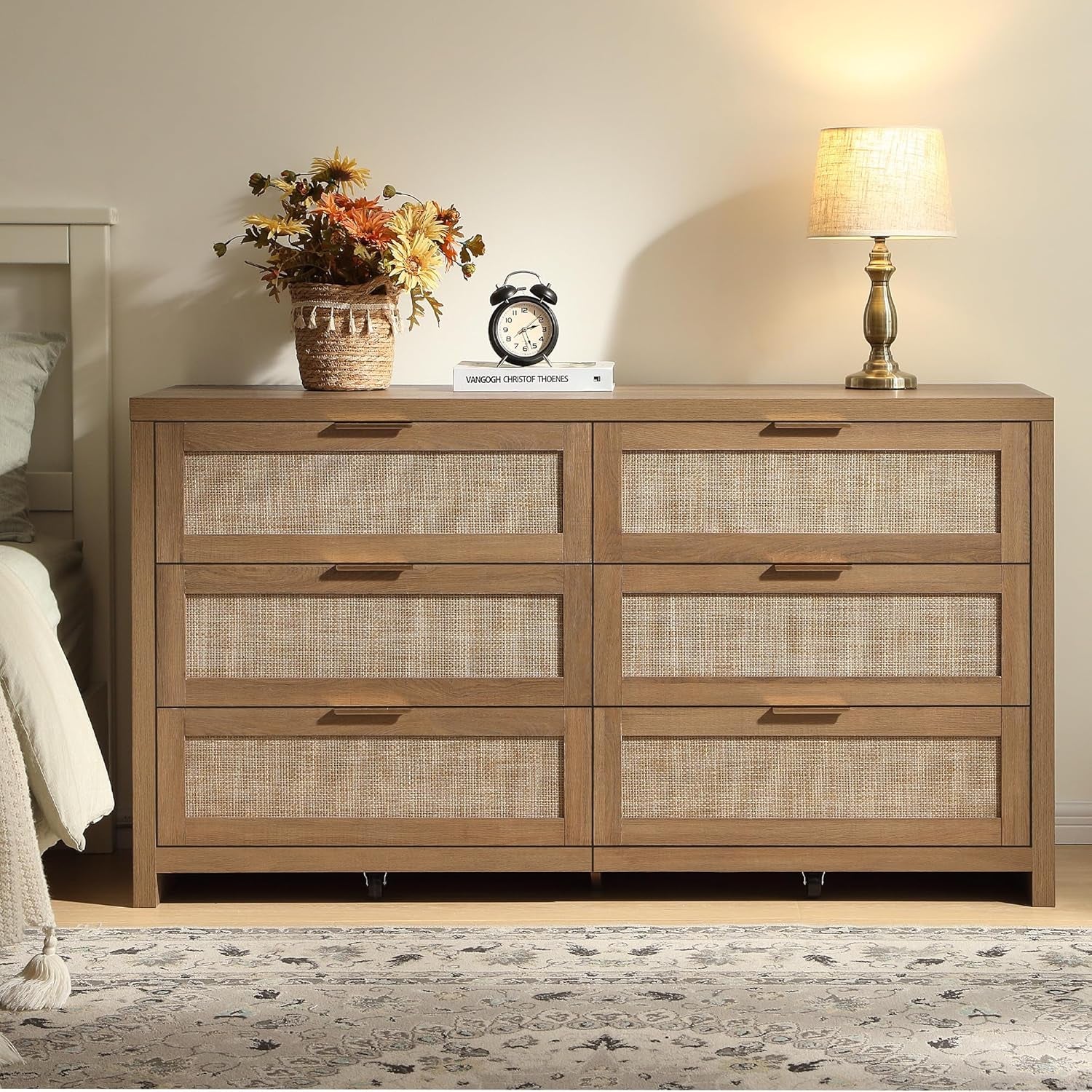 Rattan Dresser for Bedroom, 56.9" Wide 6 Drawer Dresser with Ample Storage, Dressers Large Chest of Drawers, Closet, Boho TV Stand for Bedroom (Reclaimed Caramel Oak, 1 Piece)