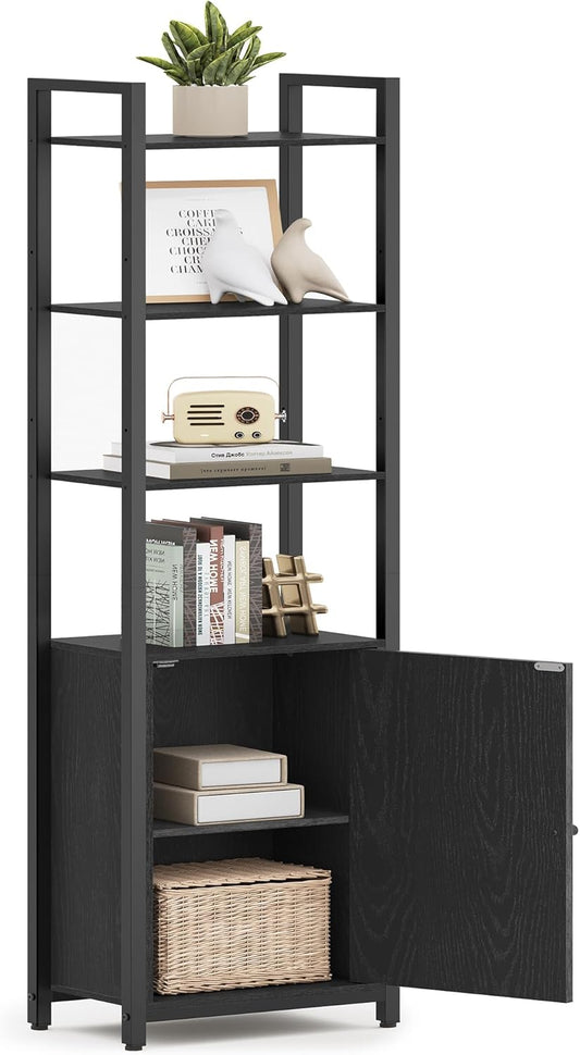 6-Tier Bookshelf, Tall Bookcase with Cabinet, Steel Frame, Adjustable Shelves, 9.4 X 15.7 X 62.8 Inches, Living Room Bedroom, Ebony Black and Ink Black ULLS132B01