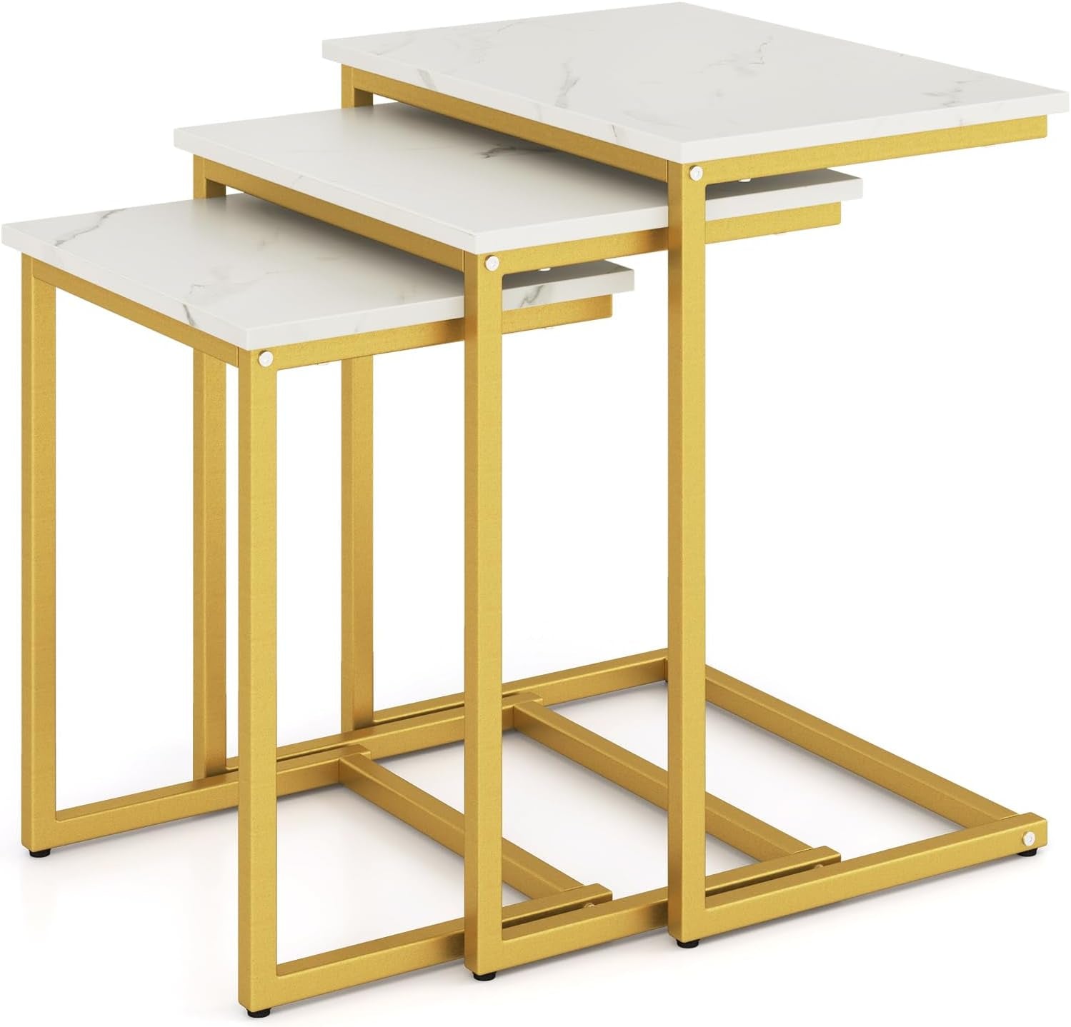 Nesting Coffee Tables Set of 3, Rectangular Nesting Center Table with Faux Marble Top & Metal Frame, Modern C-Shaped Nested Side Table Set for Living Room, Bedroom, Gold & White