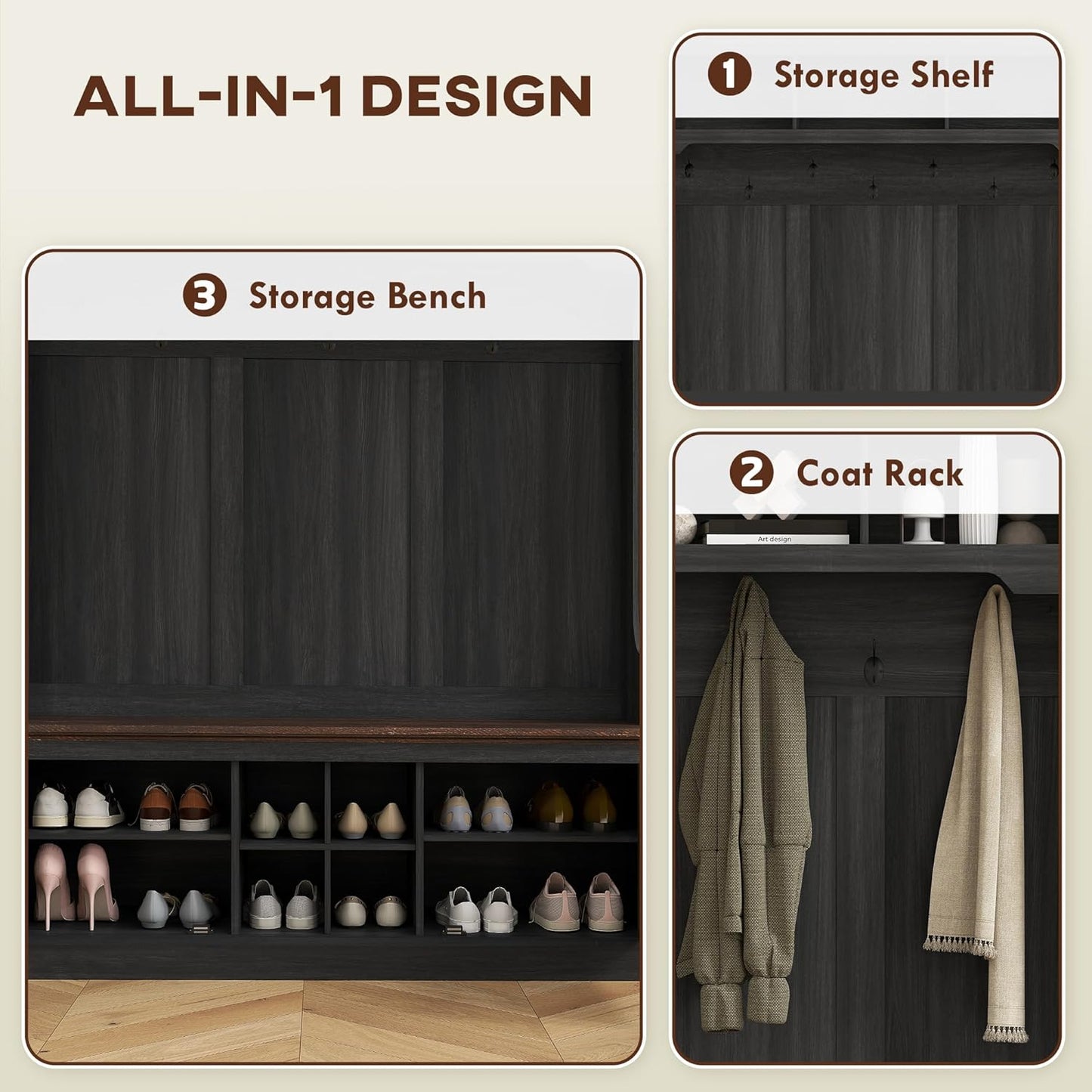 3-In-1 Hall Tree with Storage, Farmhouse Coat Rack with Bench, Standing Shoe Rack with Seven Hooks for Entryway, Black Wood Grain