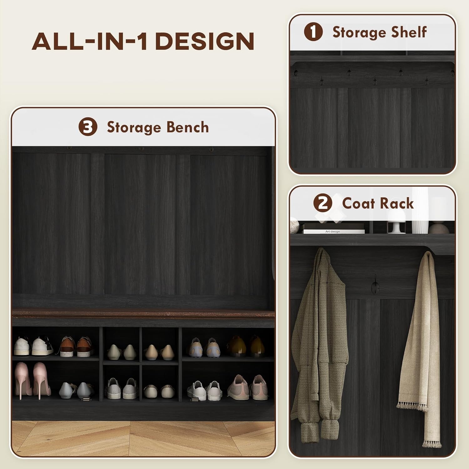 3-In-1 Hall Tree with Storage, Farmhouse Coat Rack with Bench, Standing Shoe Rack with Seven Hooks for Entryway, Black Wood Grain