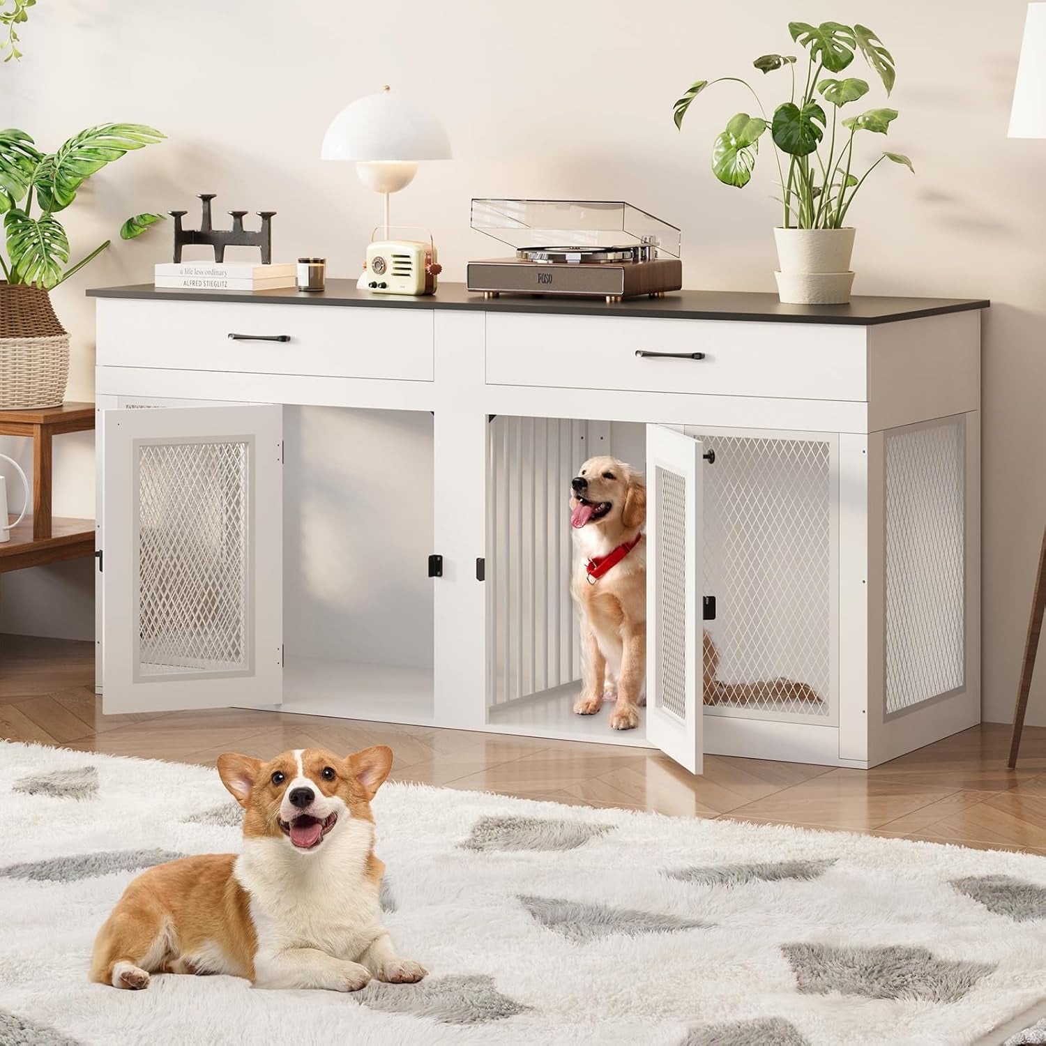 71 Inch Dog Crate Furniture for 2 Dogs，Xxl Thick Wooden Double Kennel TV Stand W/Removable Divider - Heavy Duty Indoor Cage for Large Breeds (White & Black Top, 71L* 23.6W* 33.5" H)