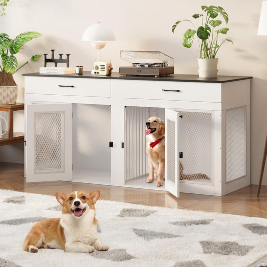 71 Inch Dog Crate Furniture for 2 Dogs，Xxl Thick Wooden Double Kennel TV Stand W/Removable Divider - Heavy Duty Indoor Cage for Large Breeds (White & Black Top, 71L* 23.6W* 33.5" H)