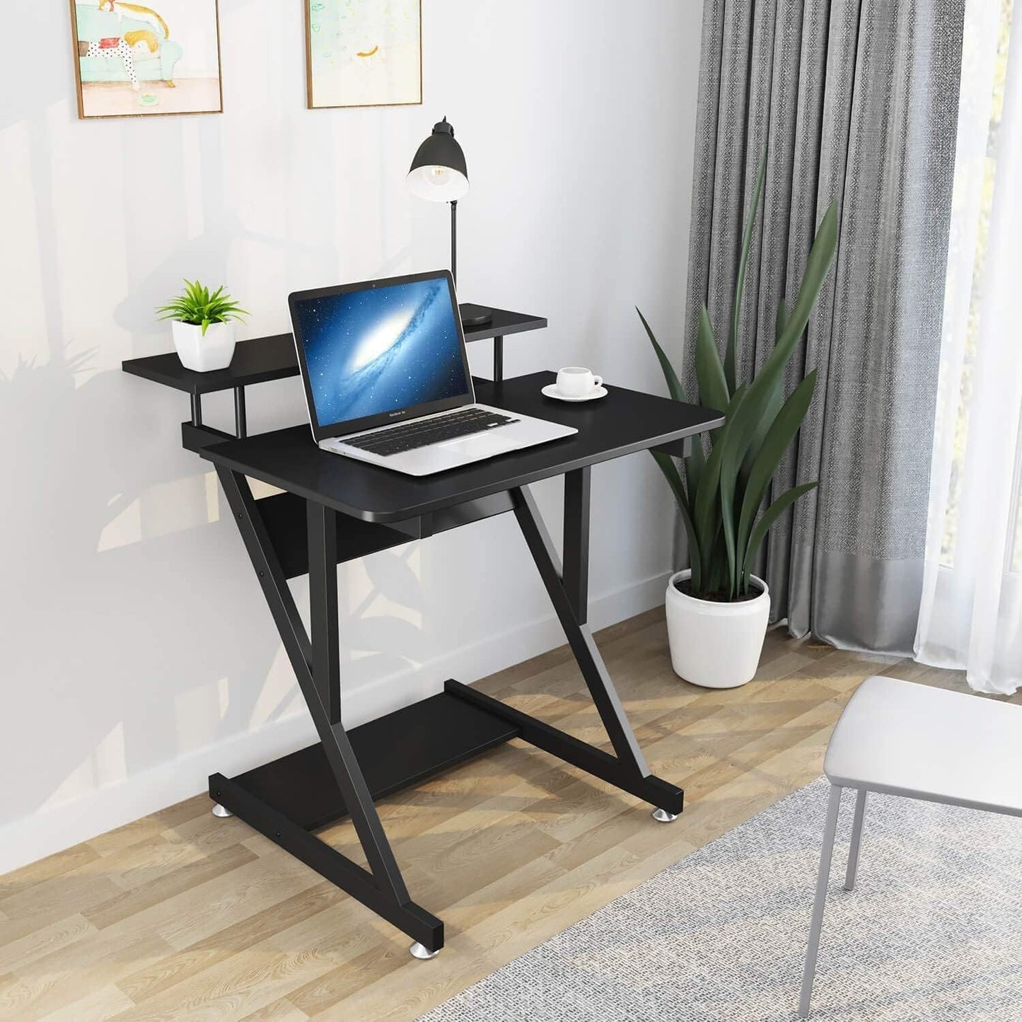 Computer Desk for Small Spaces, 27.5 Inch Small Computer Desk, 3 Tier Compact Desk with Monitor Shelf and Bottom Storage Shelves, Space Saving Desk, Black