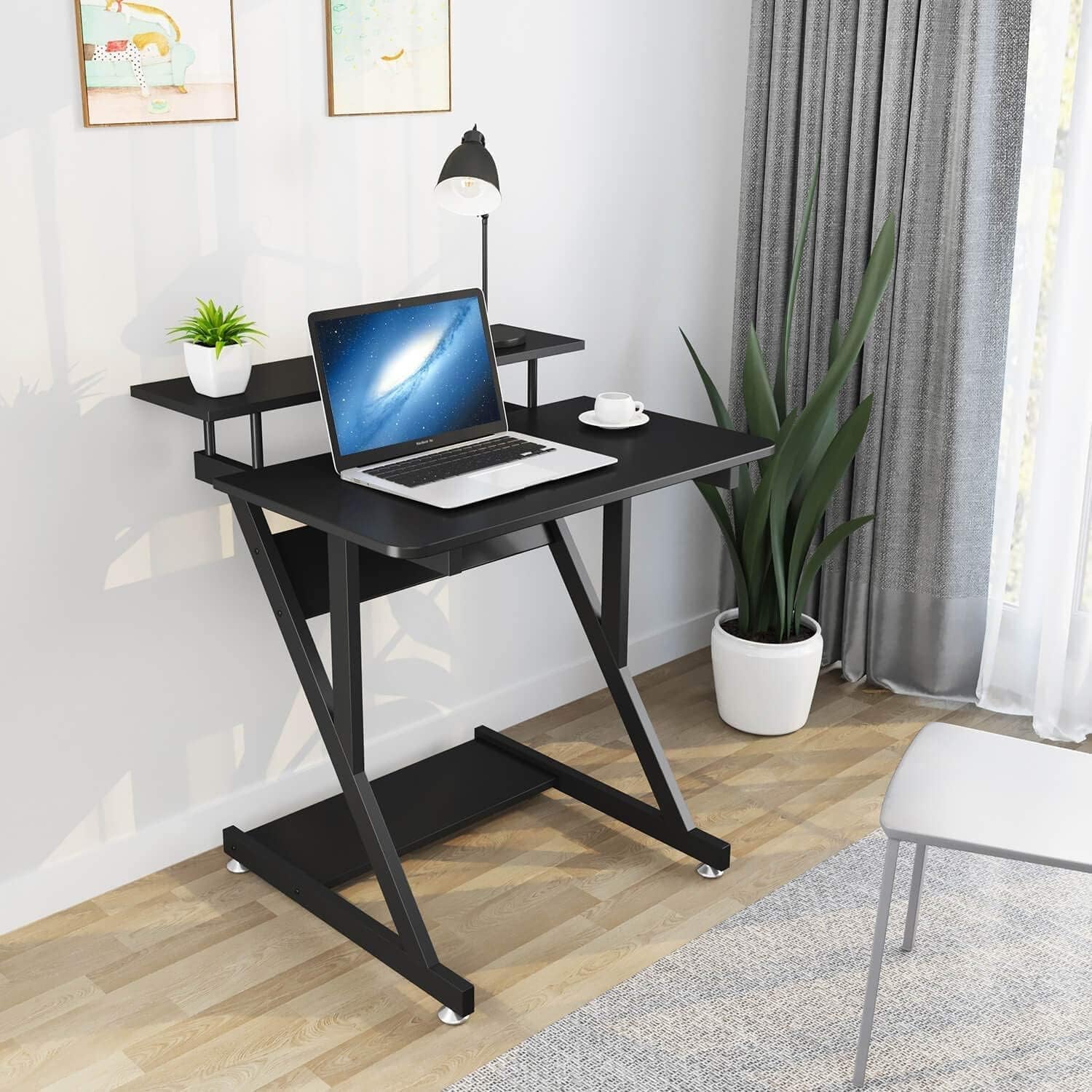 Computer Desk for Small Spaces, 27.5 Inch Small Computer Desk, 3 Tier Compact Desk with Monitor Shelf and Bottom Storage Shelves, Space Saving Desk, Black