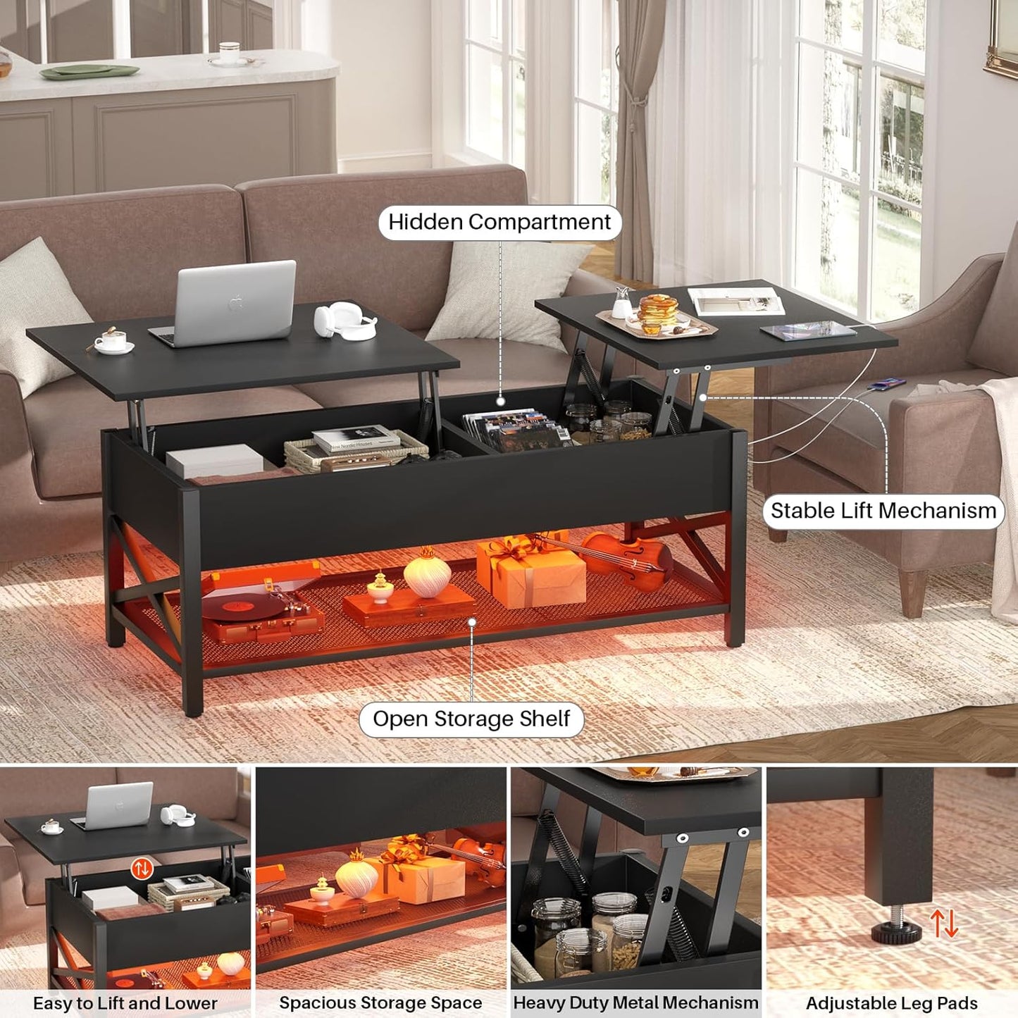 Black Lift-Top Coffee Table with LED Light, Power Outlets and Storage Shelf, 41.7"W X 19.69"L X 19.7"H
