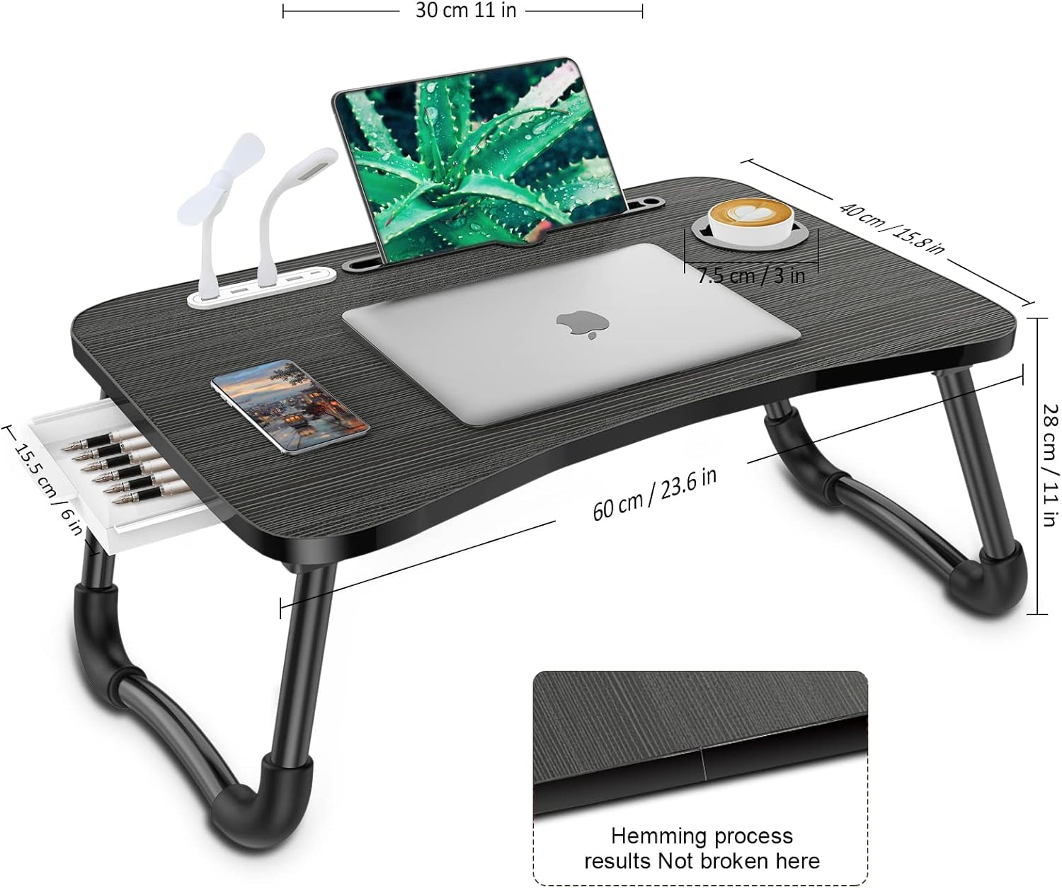 Laptop Lap Desk, Foldable Laptop Table Tray with 4 USB Ports Storage Drawer and Cup Holder, Lap Bed Desk Notebook Stand Laptray Portable Standing Table for Bed Couch Floor