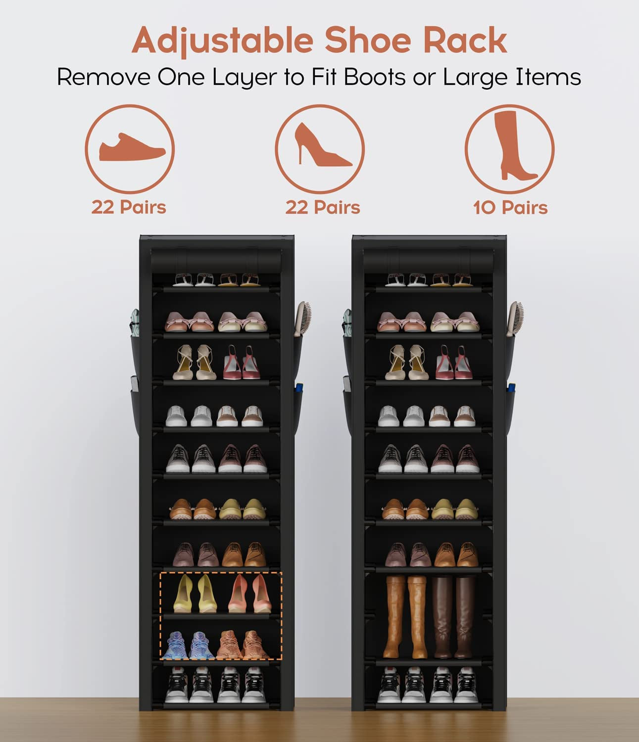 Vertical Narrow Shoe Rack Organizer 10 Tier Tall Shoe Shelf Holds 20-22 Pairs with Non-Woven Dustproof Cover for Closet, Entryway Black